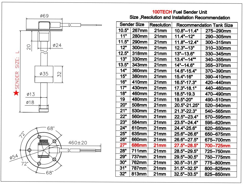 100TECH Fuel Tank Sending Unit 27''(686mm) Marine Fuel Sending Unit Boat Tank Sender Diesel RV Truck Vehicle Water Level Sensor
