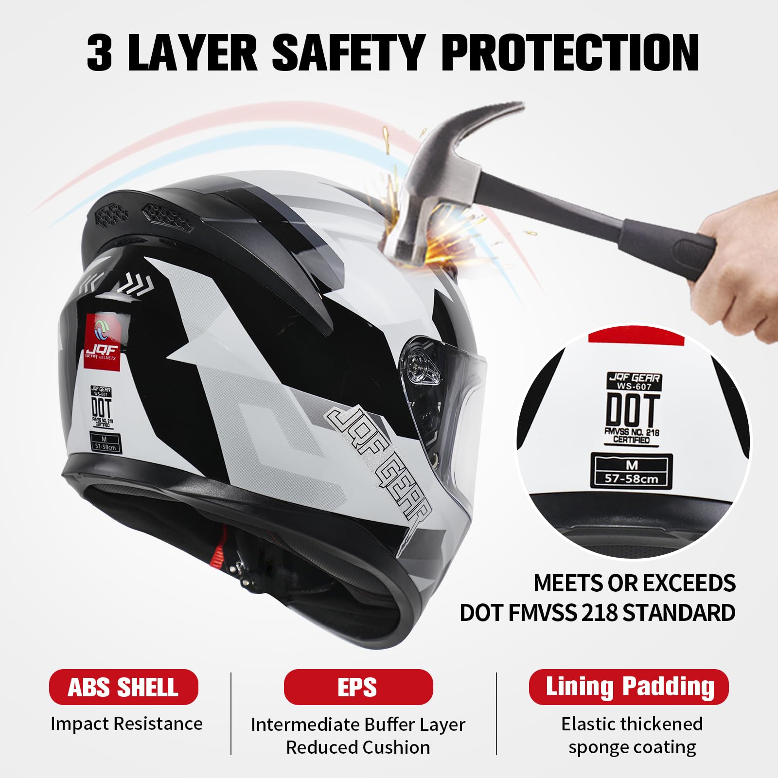 Jqf Gear Full Face Motorcycle Helmet Ws-607 Dot Approved Motorbike Racing Street Bike Helmets For Adults With Visor (Cube, Xl)