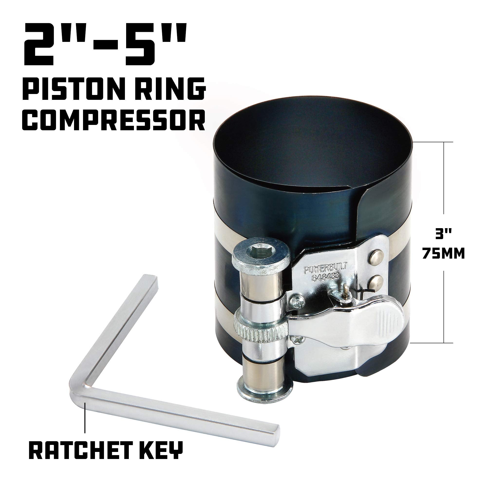 Powerbuilt Piston Ring Compressor, 2 Inch to 5 Inch Diameter, Compress Pistons, Ratcheting Lock, Release Lever, Slide into Cylinder - 648433, Silver
