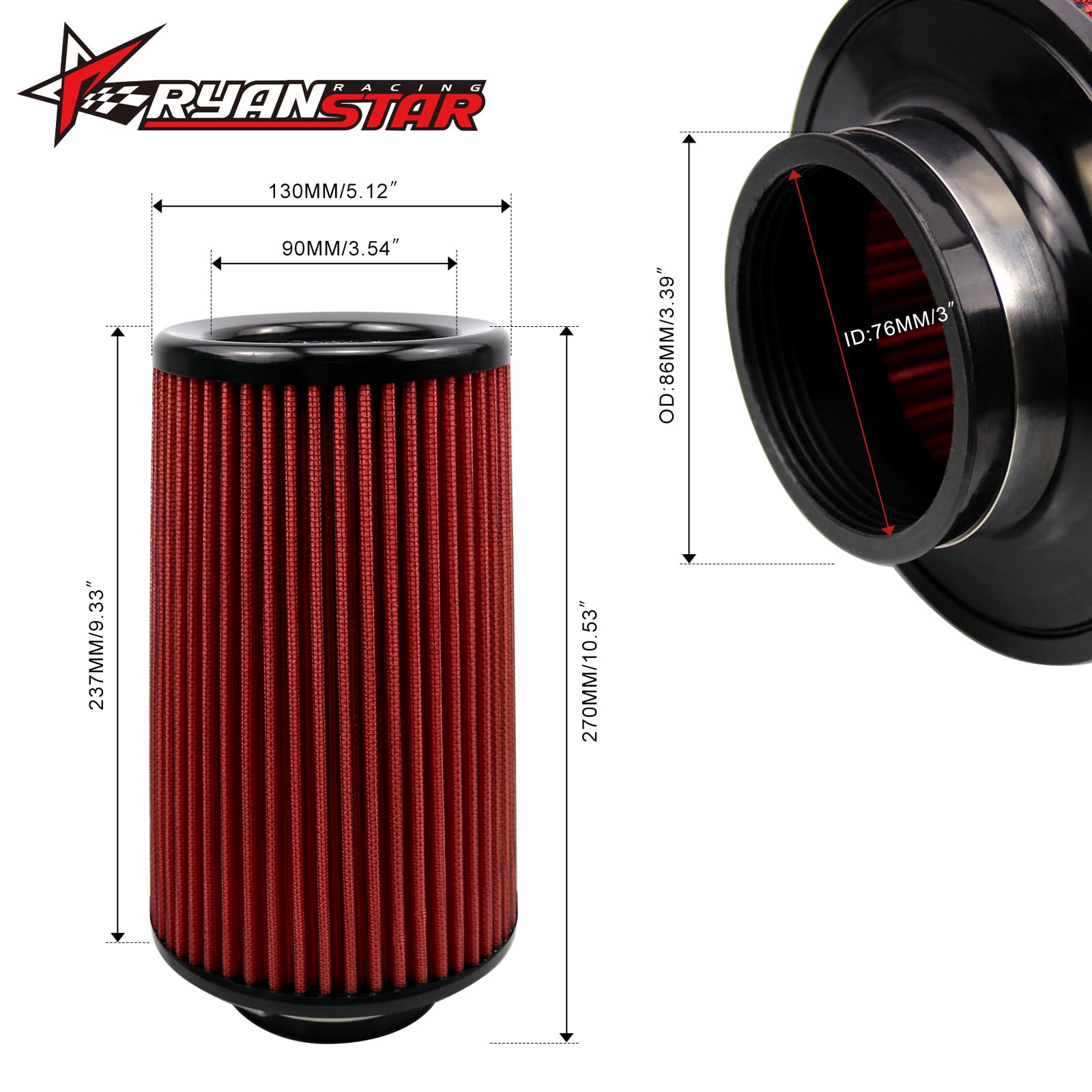 RYANSTAR RACING 76mm 3'' High Flow Round Tapered Cone Cool Air Filter Cleaner with Top Filter Design Long 270mm Tall