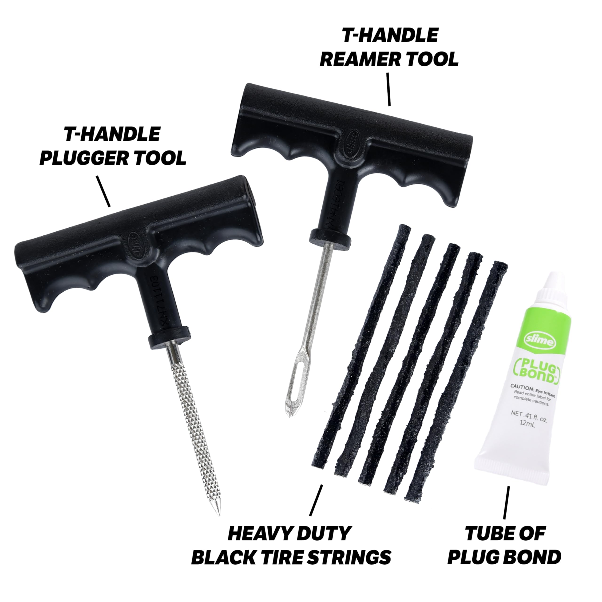 Slime 1034-A Tire Repair Reamer Plug Kit, Medium Heavy Duty Strings, T Handle Type And Plug Bond, 8 Piece Set
