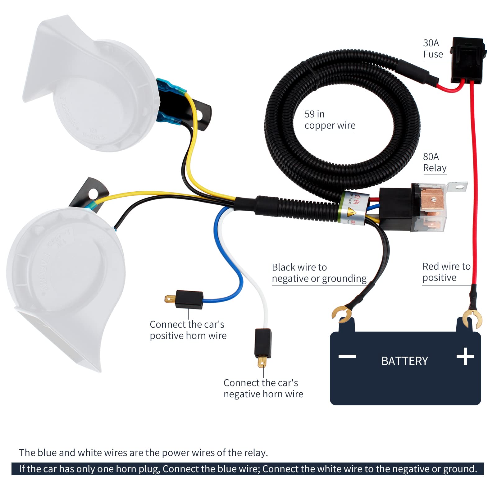 Farbin Horn Wiring Harness Relay Kit For Car Truck 80A 4Pin Spst Normally Open (Relay 4 Pin Double Horn Wiring Harness, 12V)