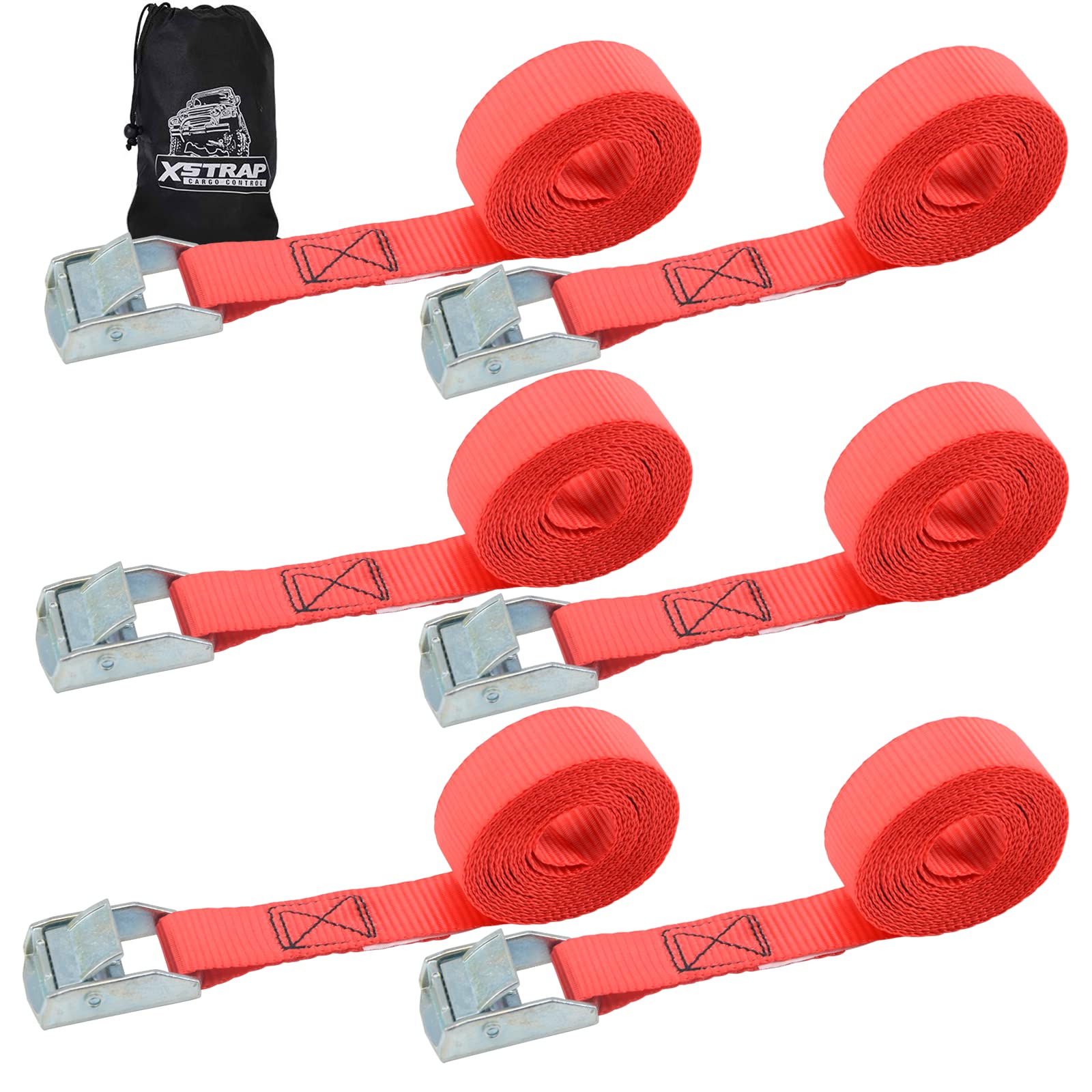 Xstrap Standard Cam Buckle Straps 6Pk 8Ft Powersports Tie-Downs 1-Inch Red Lashing Straps With Carry Bag, Ideal For Securing Cargo, Luggage, Bicycles