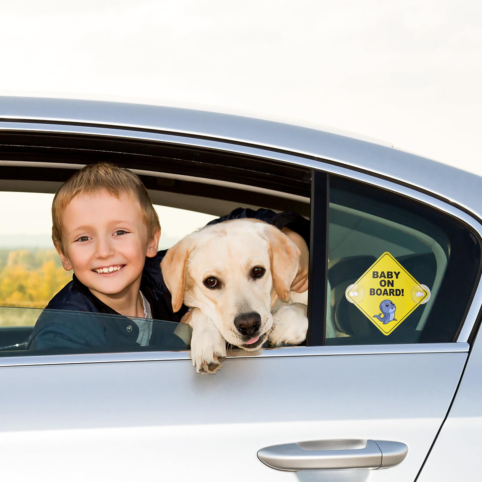 cobee Baby on Board Car Warning Signs, 2 Pcs 5''x5'' Safety Car Sign with Double Suction Cups, Baby in Car Sticker for Car Windo