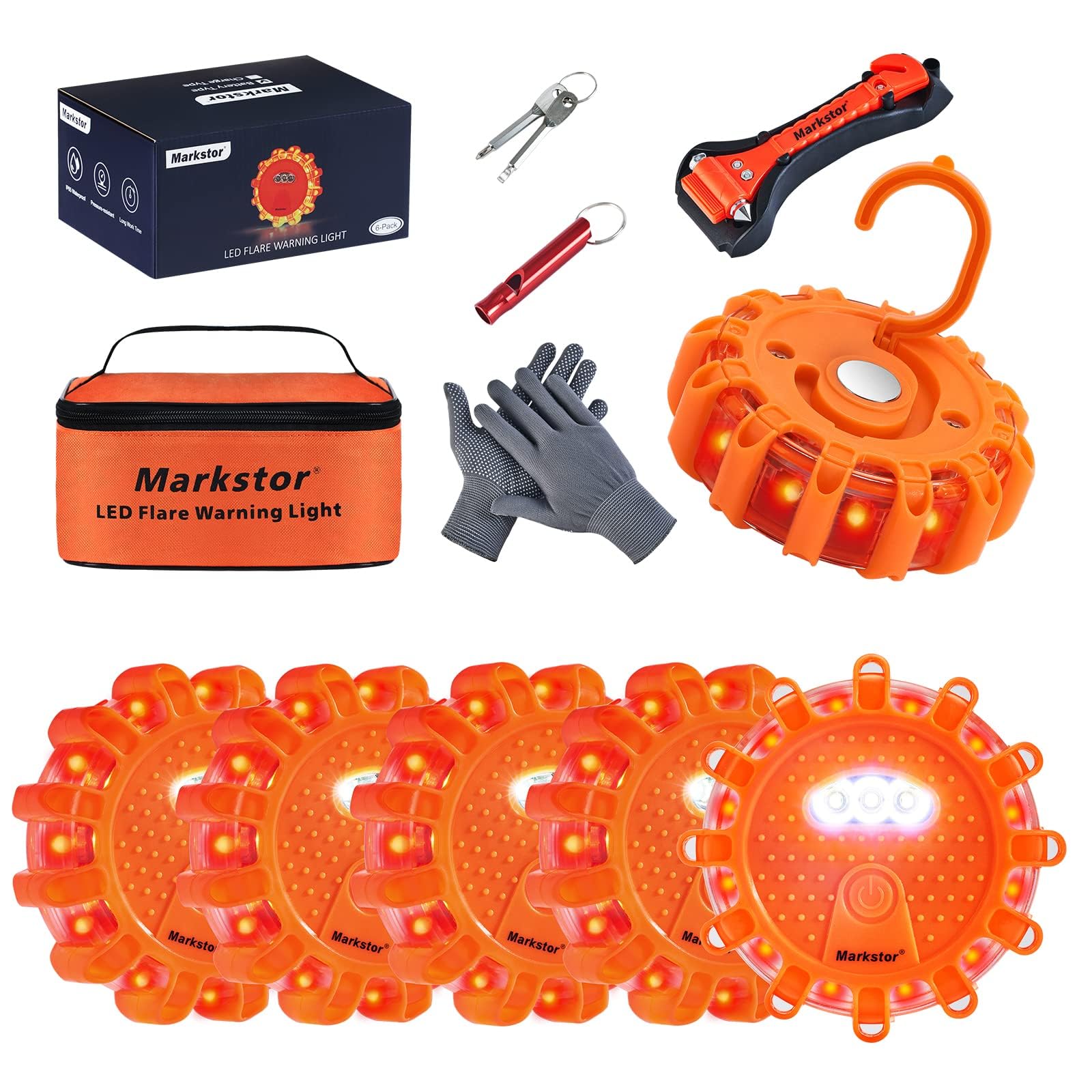 Markstor 6-Pack Led Road Flare Car Emergency Kit,Magnetic Base & Hook Road Flares Safety Light With 9 Flashing Modes,Roadside Fl