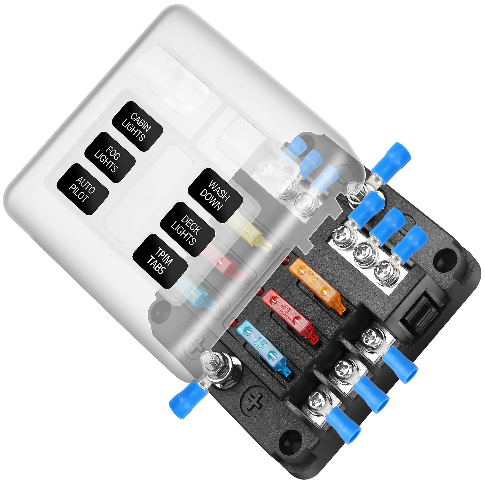 12V Fuse Block 6 Circuit Fuse Box Kit With Damp-Proof Fuse Panel Led Warning Indicator For Marine Automotive Motorcycle Rv Truck