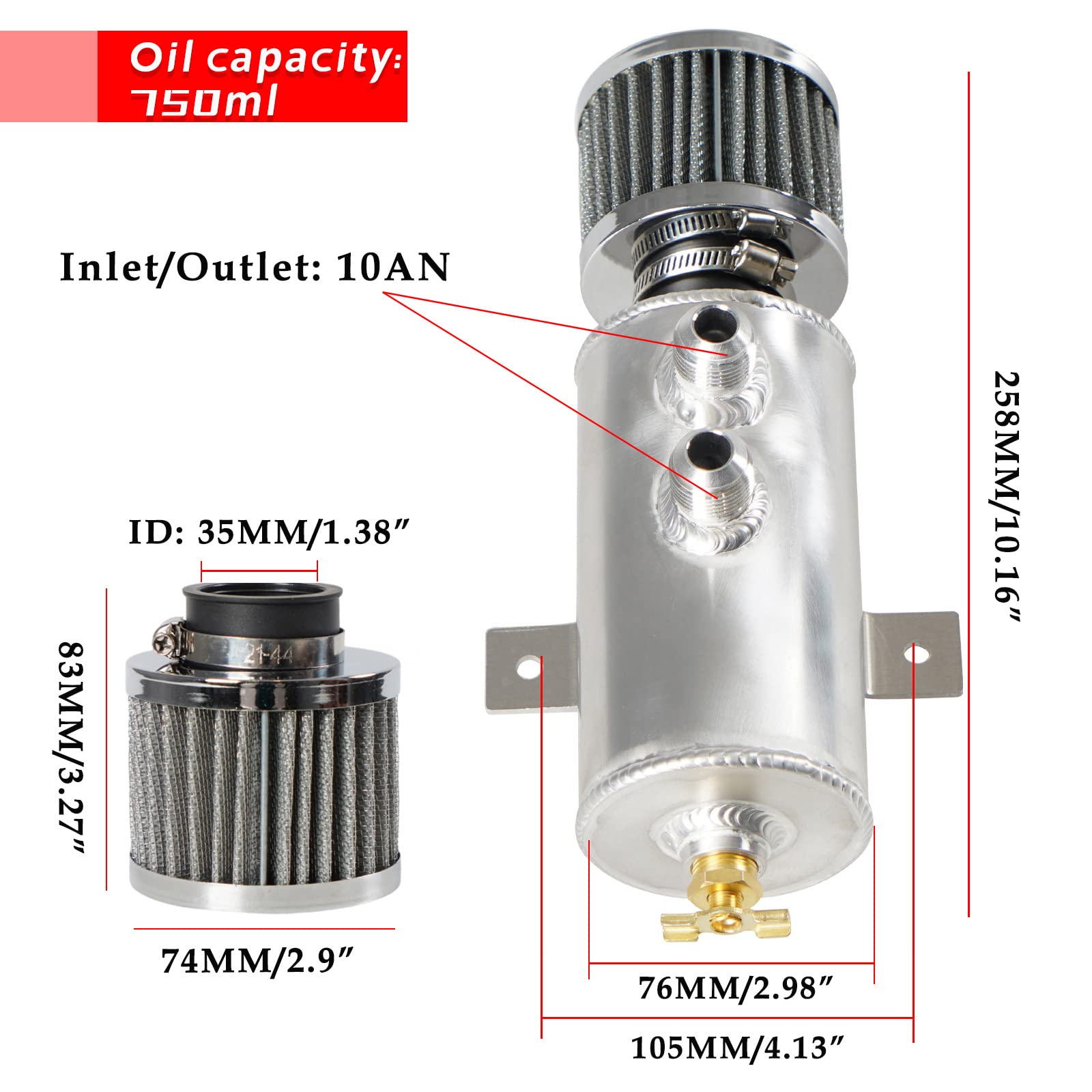 Poseng Universal 10An Oil Catch Can Tank Baffled 750Ml With Filter Aluminum Silver