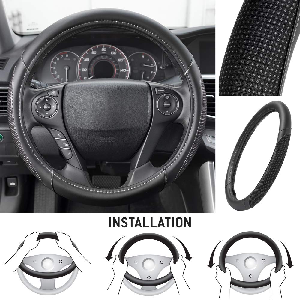 Motor Trend White Steering Wheel Cover - Dotted Comfort Polyester Grip On Stitched Synthetic Leather, White/Black