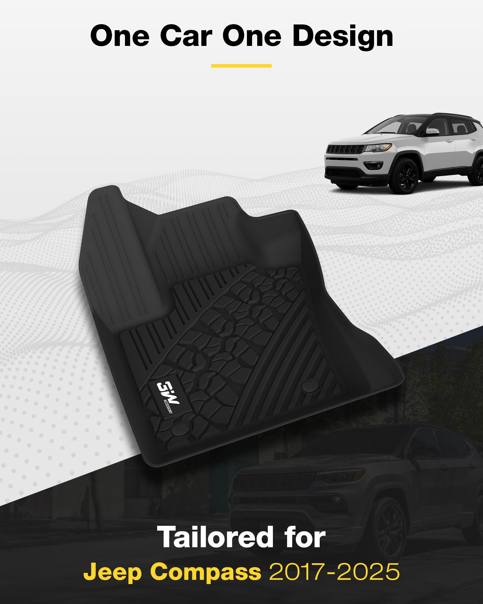 3W Floor Mats Fit For 2017-2025 Jeep Compass, Tpe All Weather Custom Fit First And Second Rows Full Set Car Mats, Black