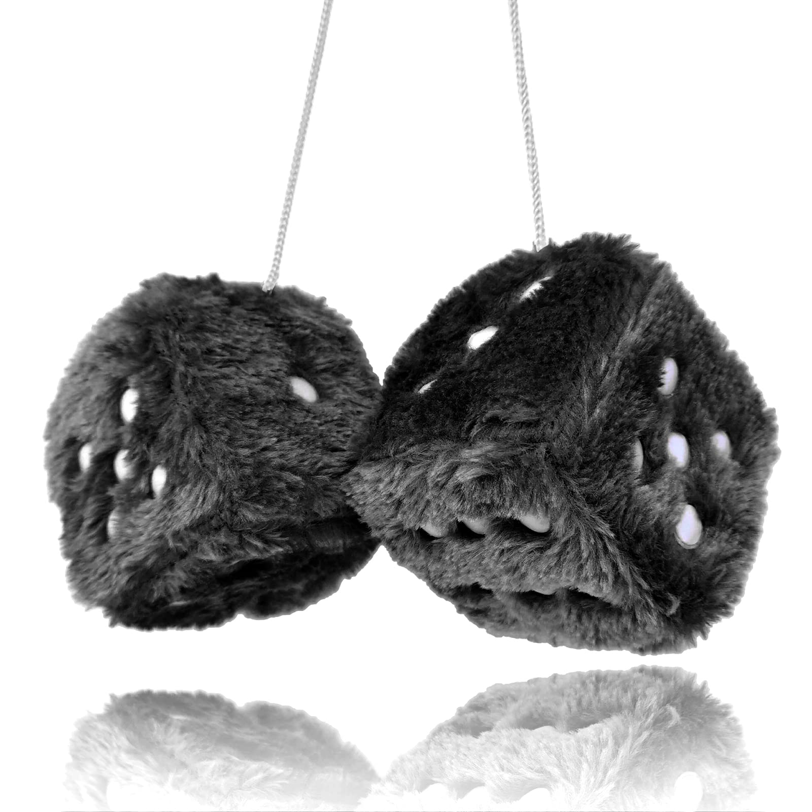 Pair 3    Black With White Dots Mirror Fuzzy Plush Dice, Black And White Soft Plush Car Decorative Hanging Ornament.