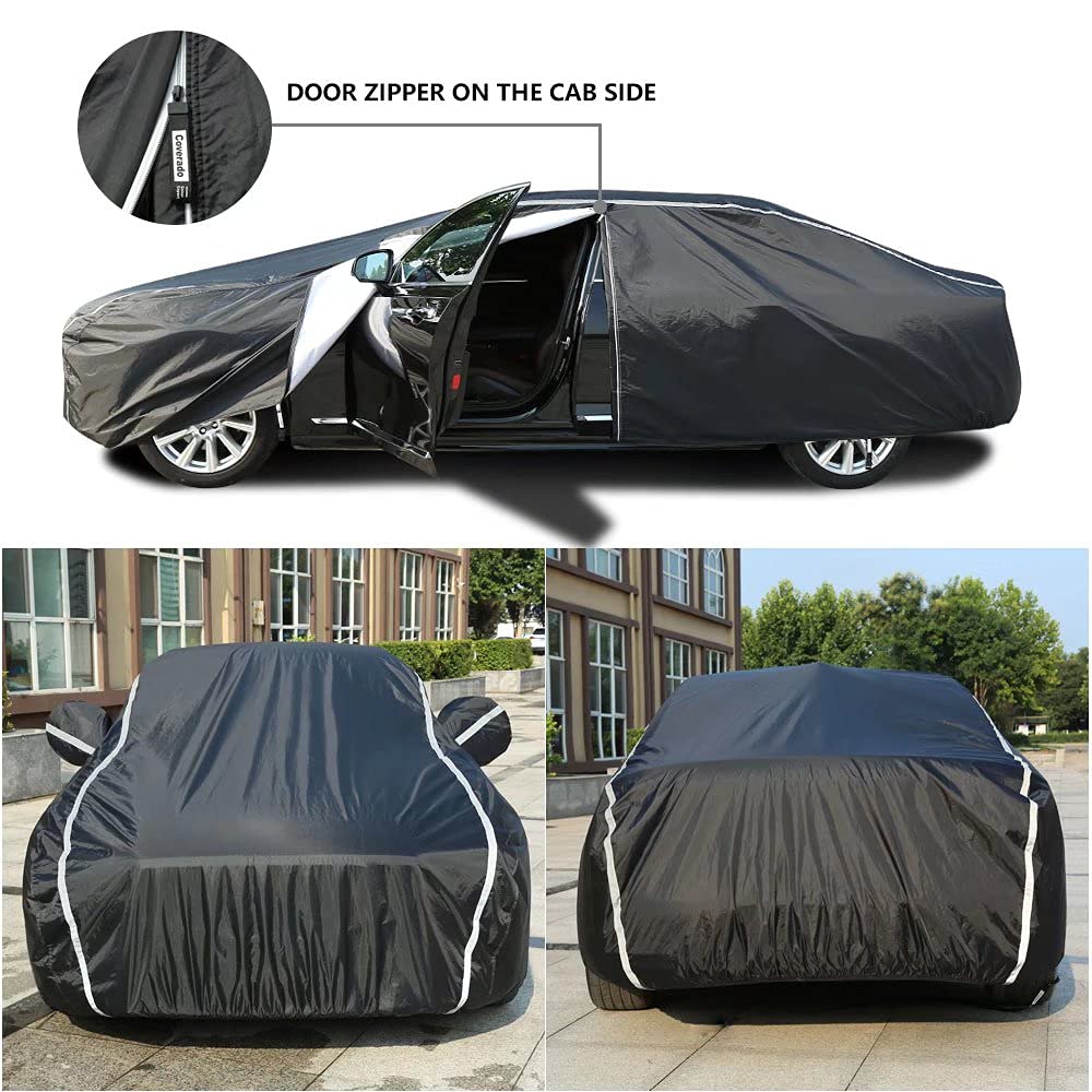Waterproof Car Cover For Automobiles All Weather - Coverado Car Cover Heat Protection With Zipper Door, Cotton Backing Snowproof