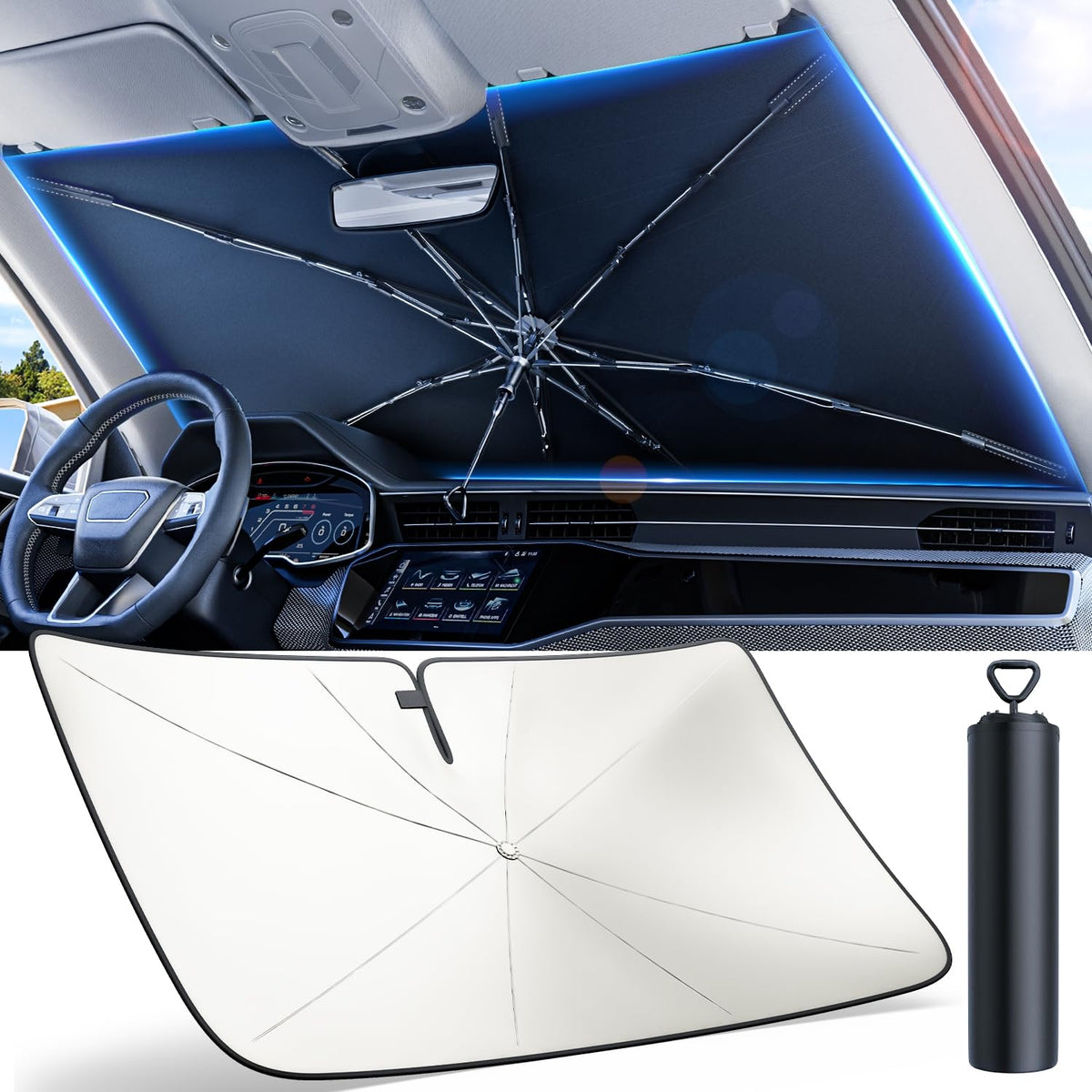 Reevaa 2025 Car Windshield Sun Shade Umbrella [100% Sun Protection & Keep Cool] Protect Interior, 360 Flex Handle Sun Shield Sun