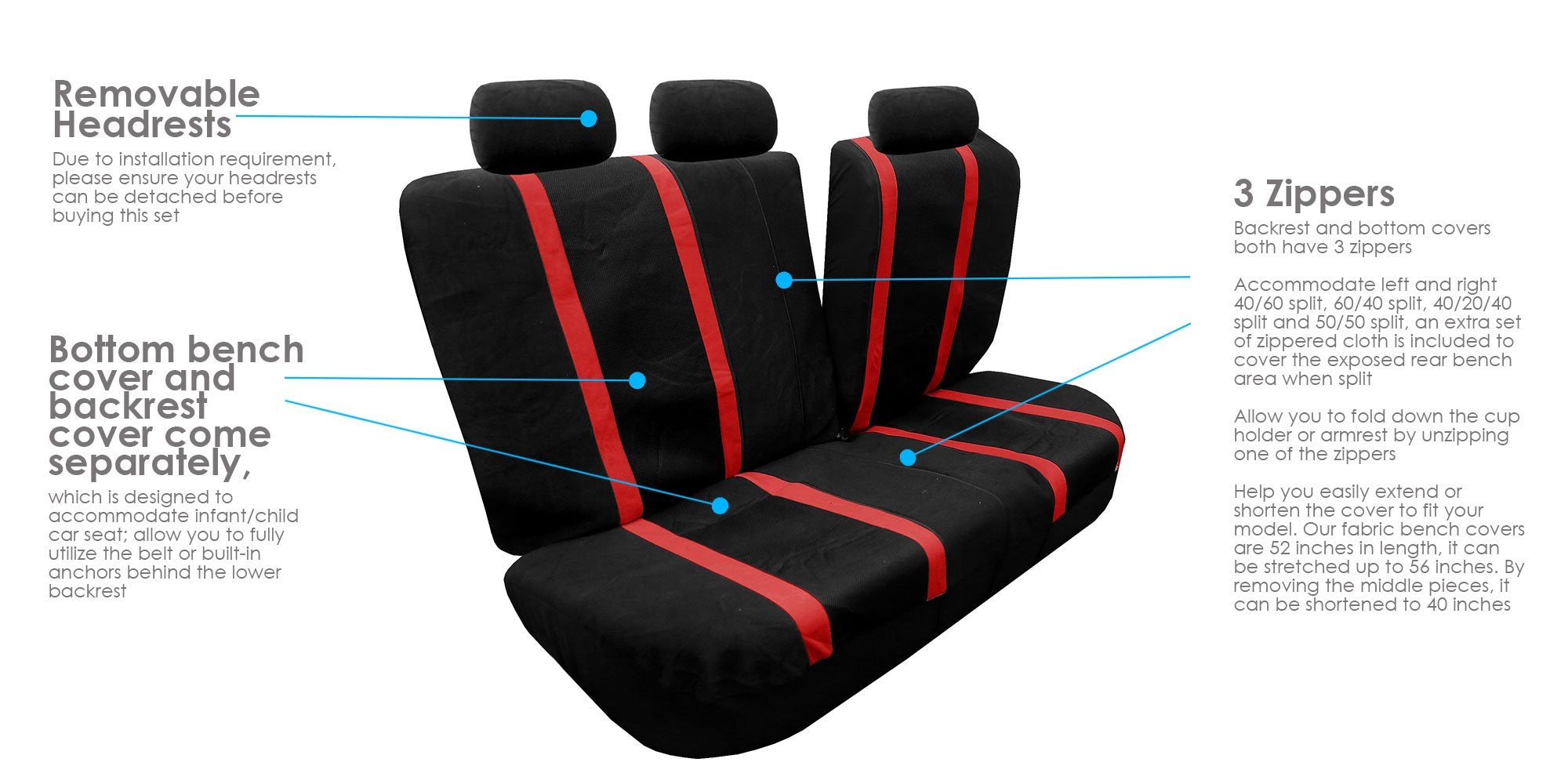Fh Group Automotive Seat Cover Universal Fit Rear Seat Cover Sports Red Seat Cover For Back Seat Split Bench Car Seat Protector