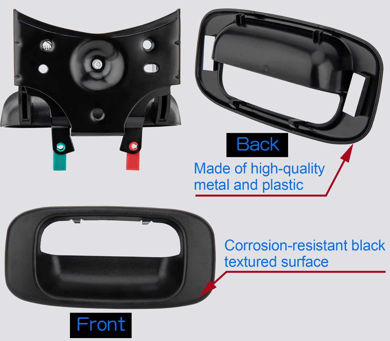 Tailgate Handle Latch Compatible for 1999-2007 Chevy Silverado GMC Sierra 1500 2500 3500 with Bezel Trim and Rod Clips, Replaces