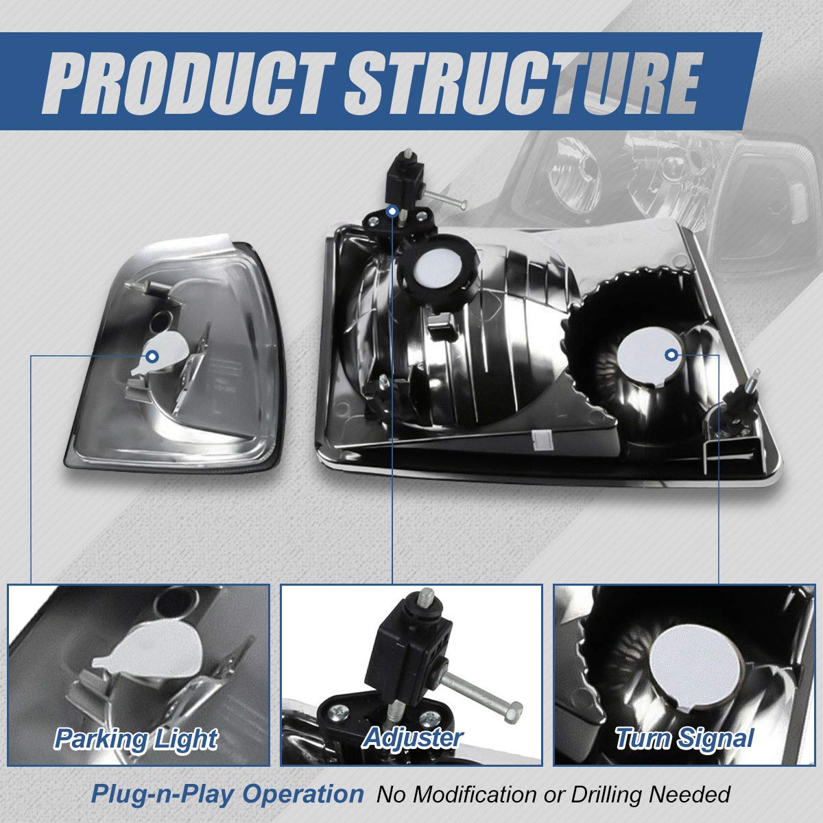 Auto Dynasty Headlights Assembly Compatible With 2001-2011 Ford Ranger, 4-Pieces Driver And Passenger Side Halogen Headlamps Rep