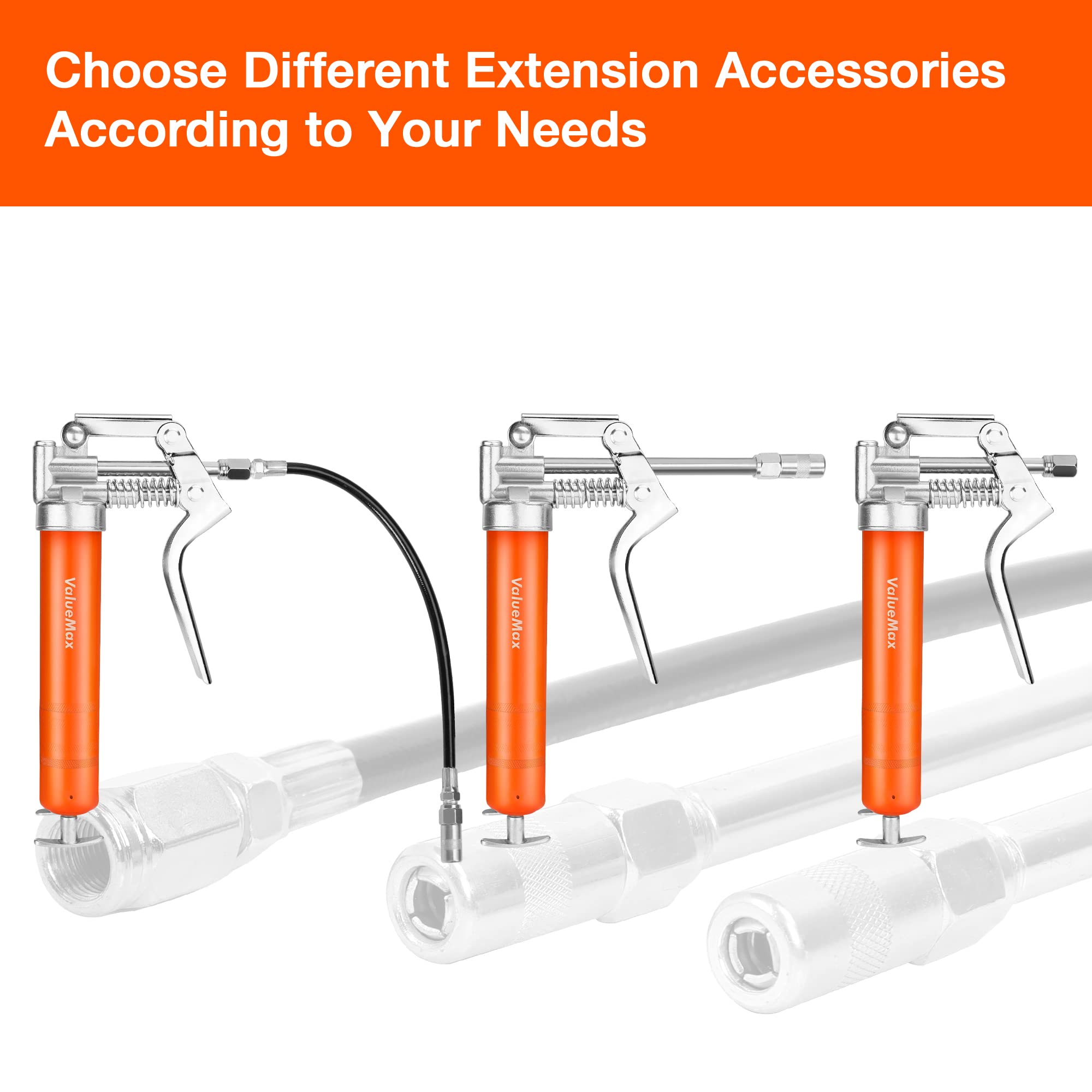 Valuemax Mini Grease Gun Kit (3500 Psi) With 3 Oz Grease, 12'' Flexible Hose, 5'' & 3    Extension Tubes, Pistol Grip, Reinforce