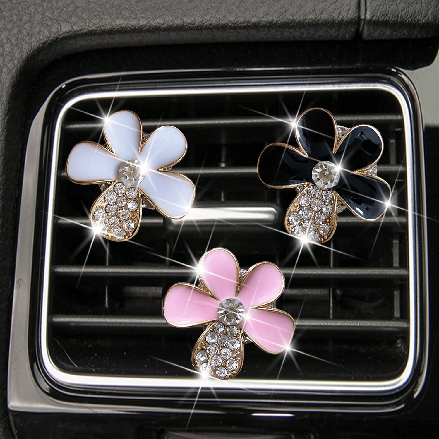 Bling Daisy Air Vent Clips, 3 Pcs Crystal Flower Car Air Fresheners Vents Clips Car Air Conditioning Outlet Clip Rhinestone Cute Car Interior Decoration Car Decor Charm Bling Car Accessories For Women (3 Pcs Bling Daisy)
