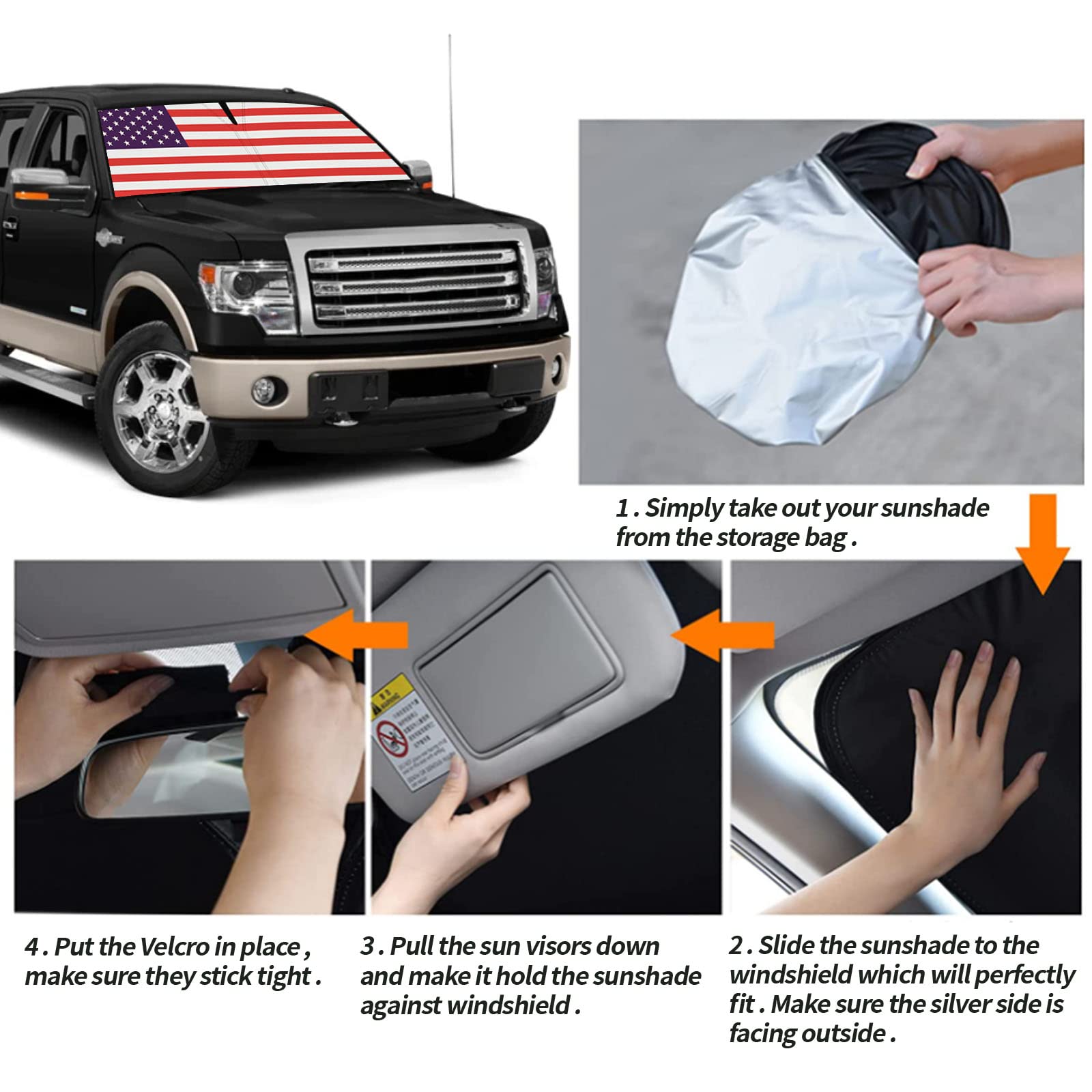 Moricere Upgrade Windshield Sun Shade With Usa Flag For Ford F150 2009-2014, Foldable Windshield Sun Visor Blocks Uv Rays