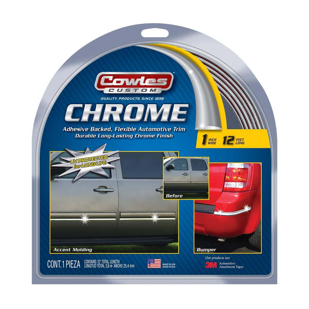 Cowles - Premium Universal Body Molding For All Vehicles - Easy Install, Chrome Finish, 1'' By 12 Ft, Uv Protected, Long Lasting