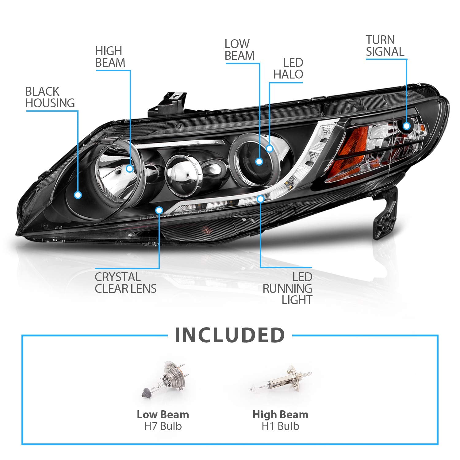 Amerilite Projector Halogen Headlights Amber Xtreme Led Halo For 2006-2009 Honda Civic 4 Door/Hybrid Sedan - Passenger And Driver Side, Vehicle Light Assembly, Black