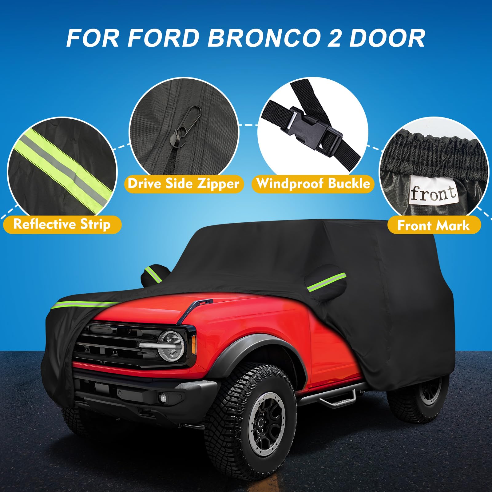 QUNSUNUS 6 Layer Waterproof Car Cover for Bronco 2 Door 2021 2022 2023, Outdoor Car Cover with Zipper, Full Exterior Car Covers