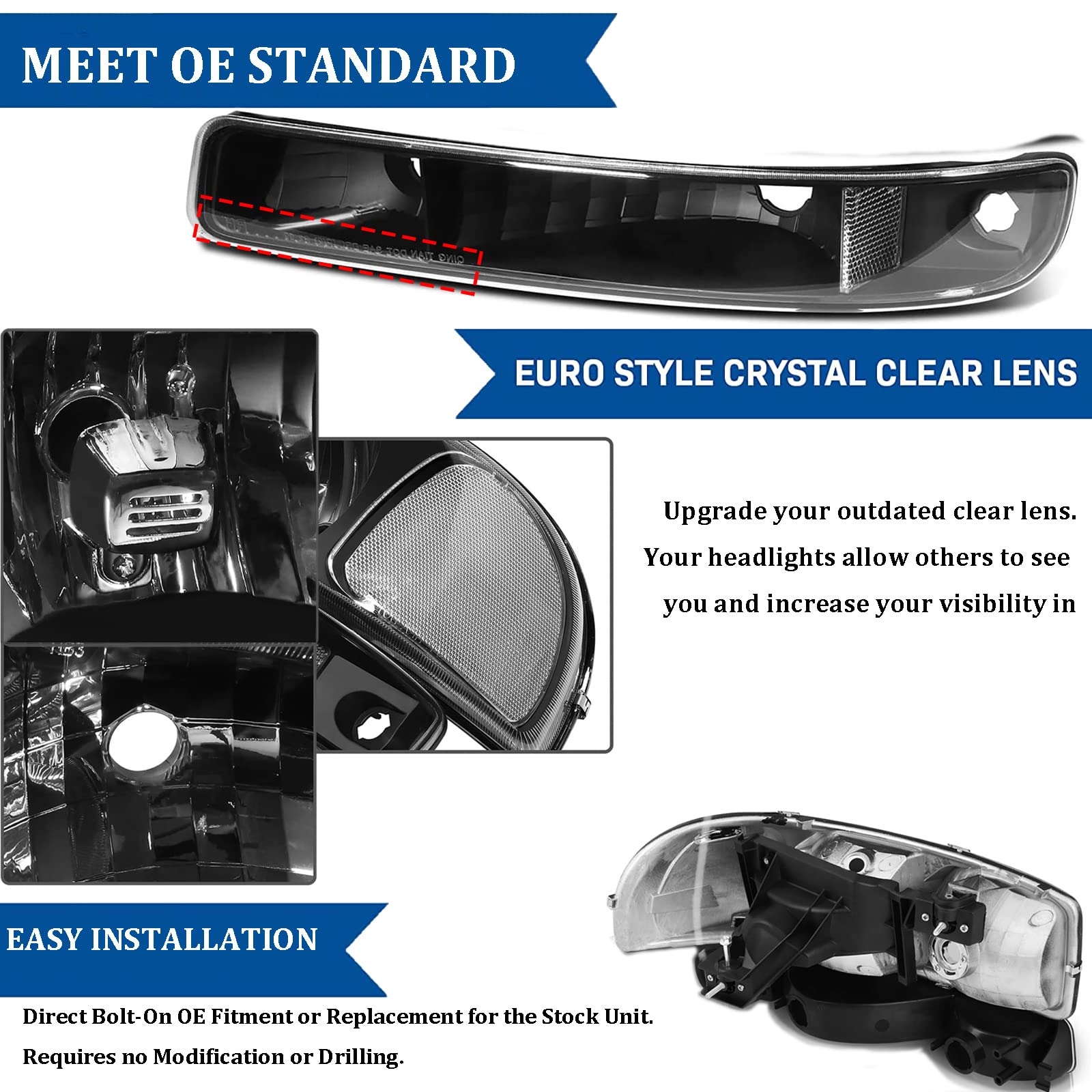 Apsve Headlight Assembly For 99-07 Gmc Sierra 1500, 99-04 Sierra 2500, 01-07 Sierra 1500Hd 2500Hd 3500Hd, 99-06 Yukon, 00-06 Yukon Xl 1500 2500 Headlights W/Bumper Signal Lamps, Black