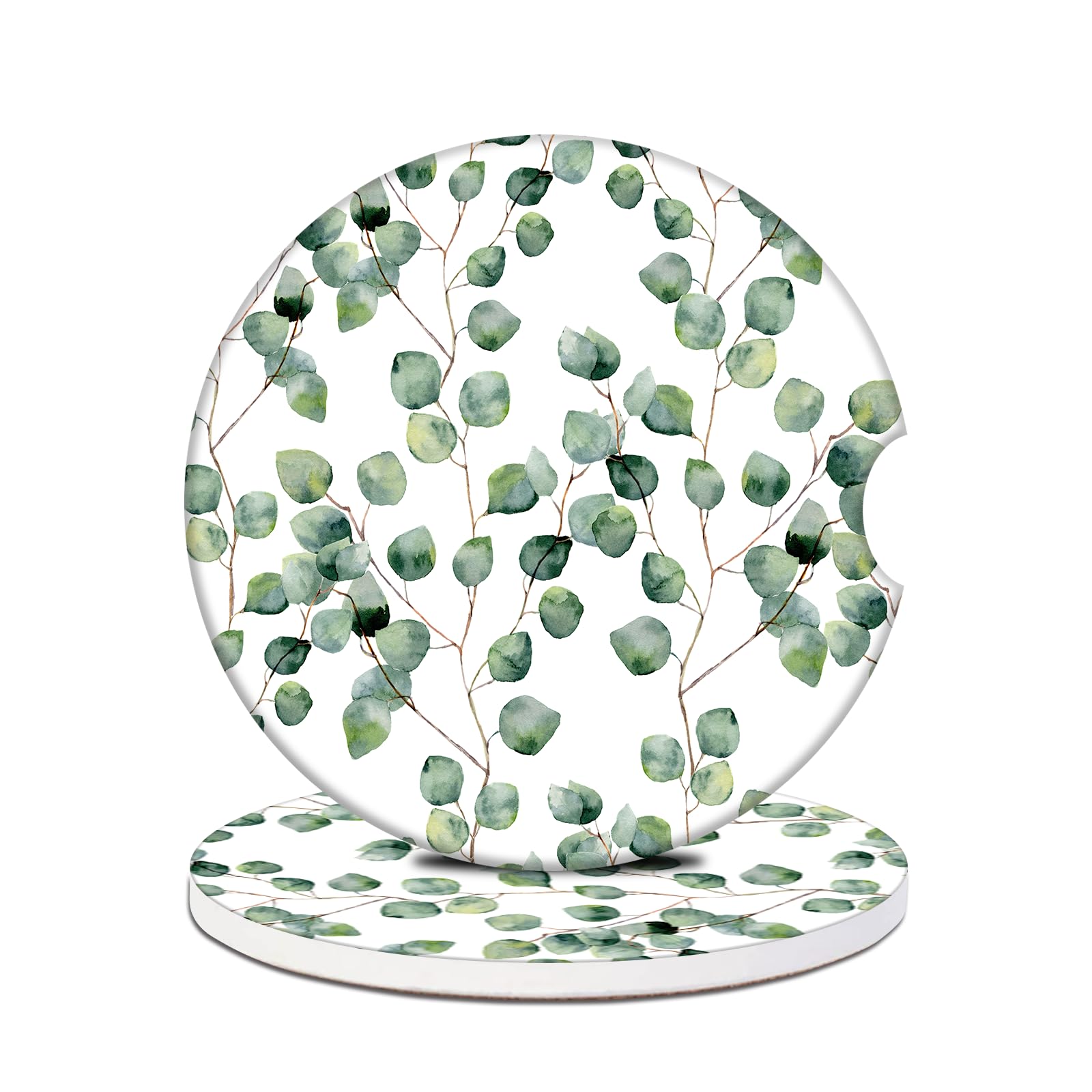 Car Cup Holder Coaster - Eucalyptus Round Green Leaf Absorbent Ceramic Coaster, Car Coasters for Cup Holders, Auto Accessories f