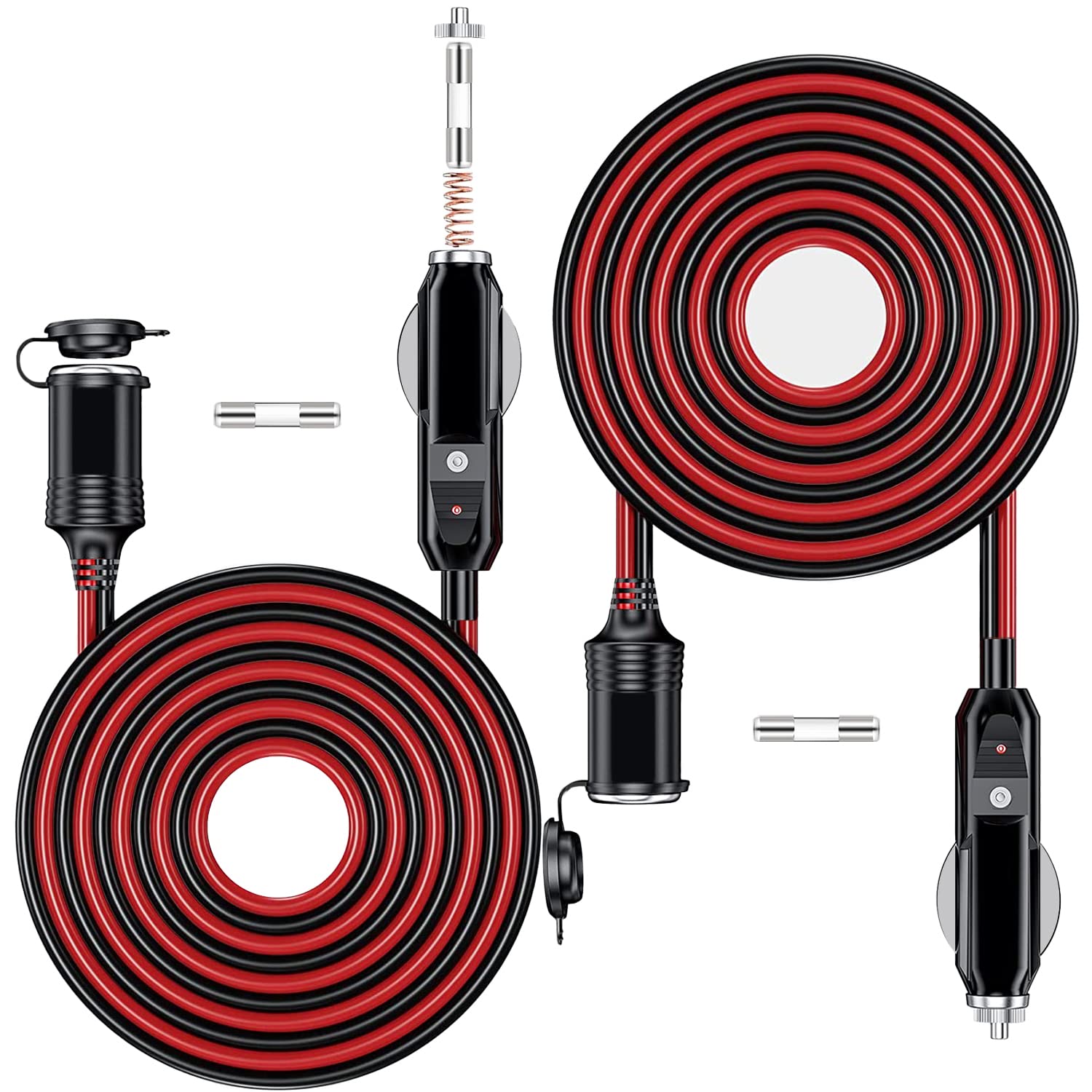 2Pcs 26Ft 12V/24V Heavy Duty Cigarette Lighter Extension Cable 16Awg, 156W/15A Male Plug To Female Socket Adapter Extension Cord