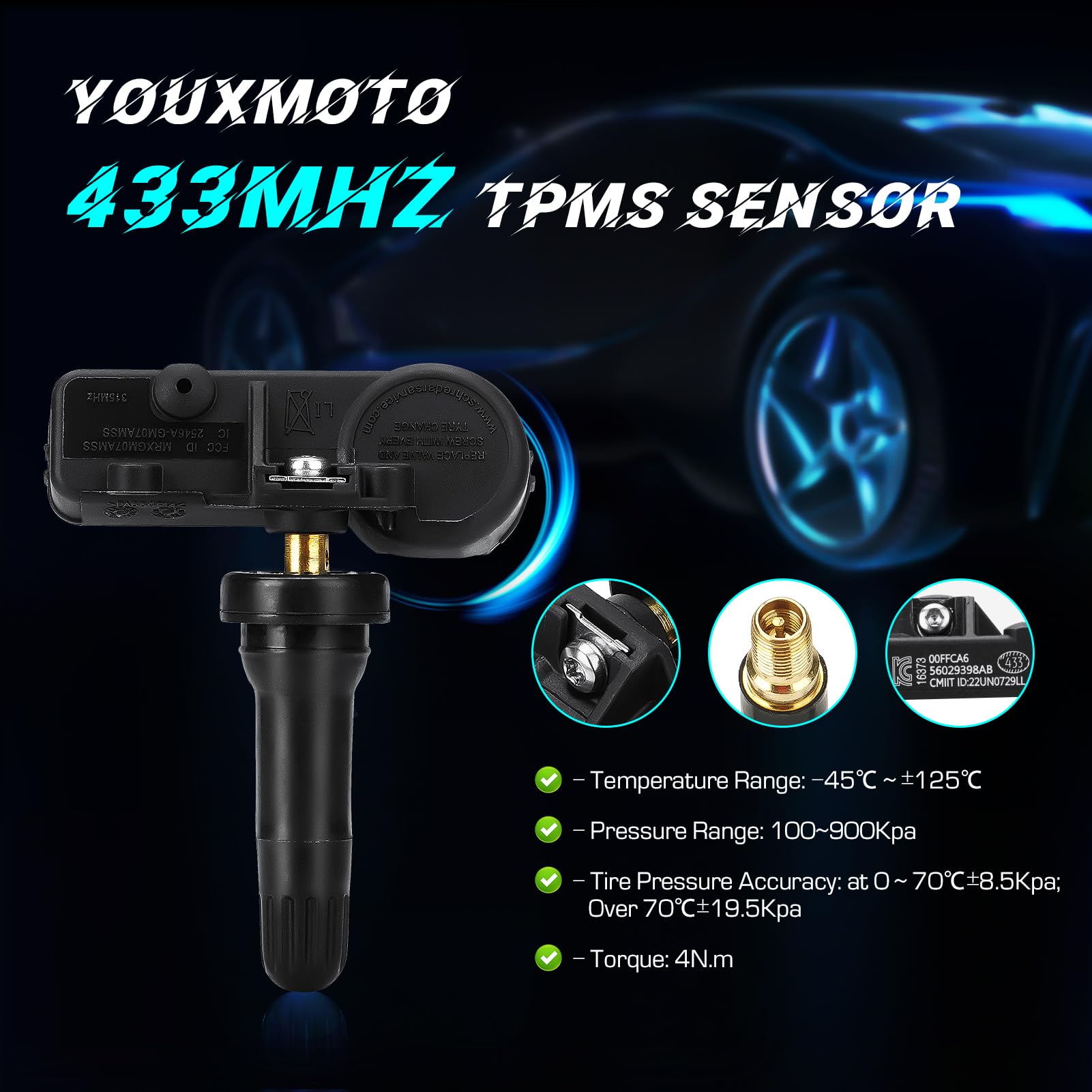 Youxmoto Tpms Tire Pressure Sensor 433Mhz Fit 56029398Ab, Fit For Jeep Grand Cherokee Wrangler, Fit For Dodge Charger Challenger, Fit For Chrysler/For Fiat/Ram 1500 2500 3500, Fit 68241067Ab (4Pcs)