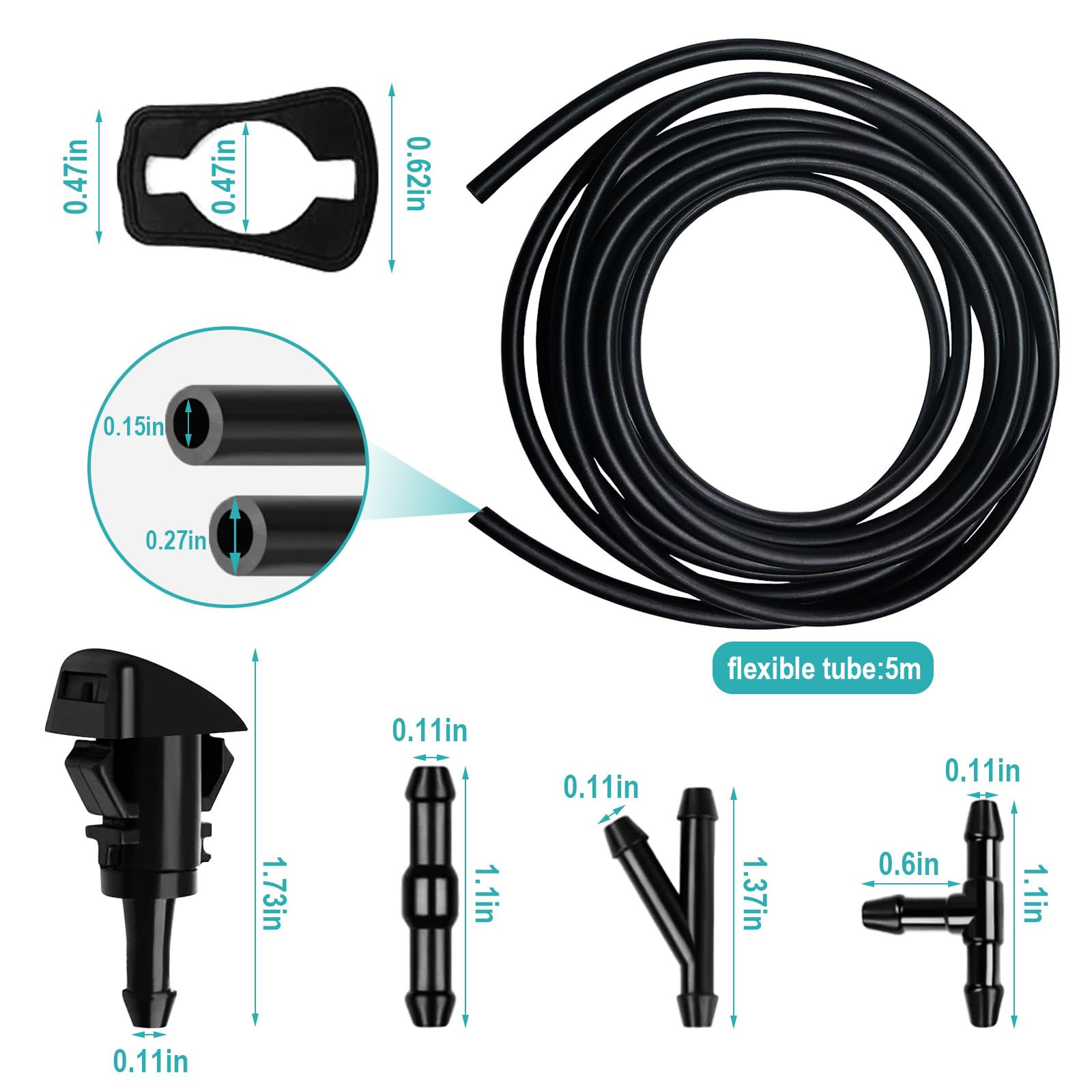 Car Windshield Washer Hose 17 Pcs Windshield Washer Hose Kit 5M Washer Fluid Hose With 12 Pcs Hose Connectors 2 Fan Nozzles 2 Ru