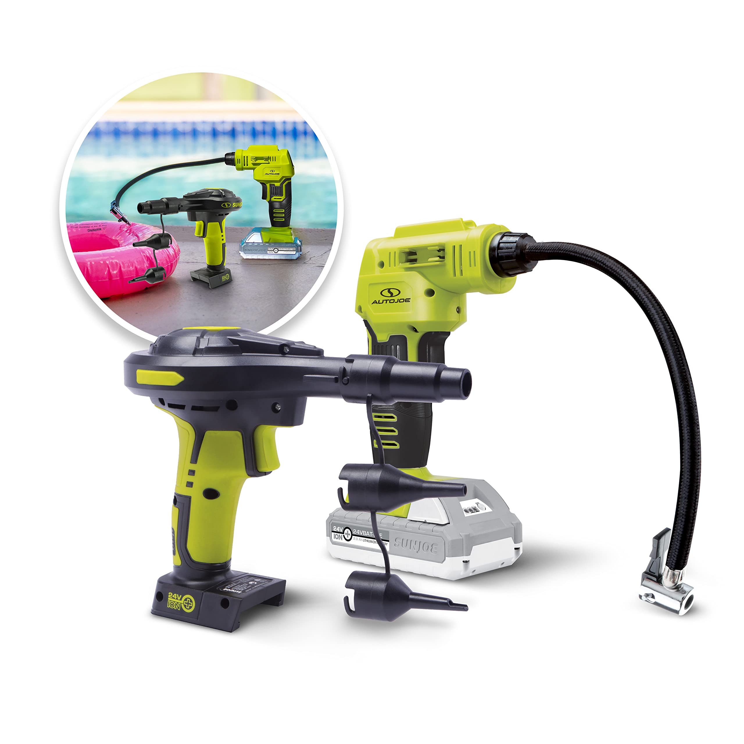 Sun Joe 24V-Ajc-Ajv-Lte 24V Ionmax High Volume Inflator & Portable Air Compressor Kit, W/ 2.0-Ah Battery + Charger, Storage Bag,