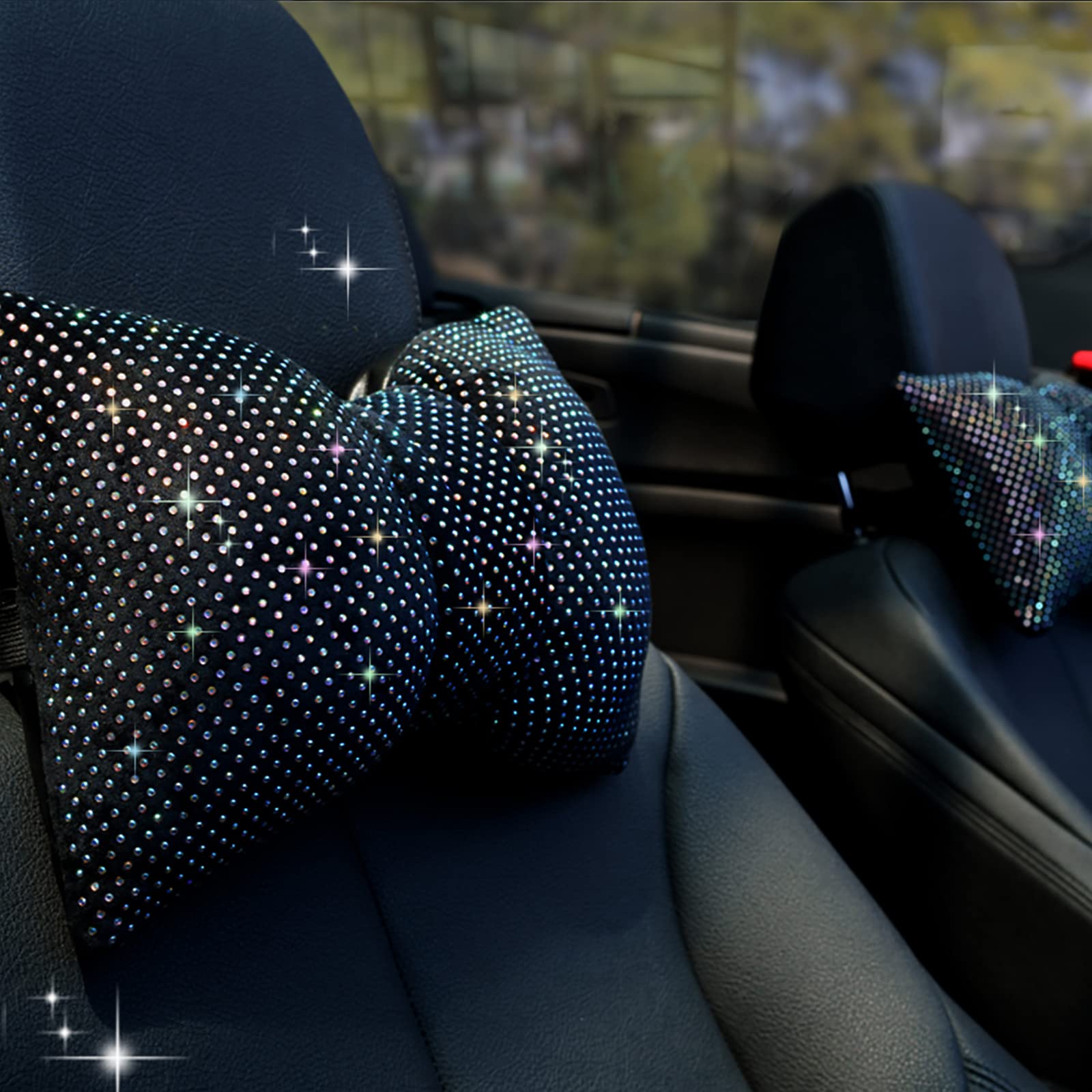 ChuLian 2 PCS Bling Car Pillow, Rhinestones Bowknot Neck Pillow, Car Headrest Neck Cushion Pillows, Sleeping Travel Support Neck