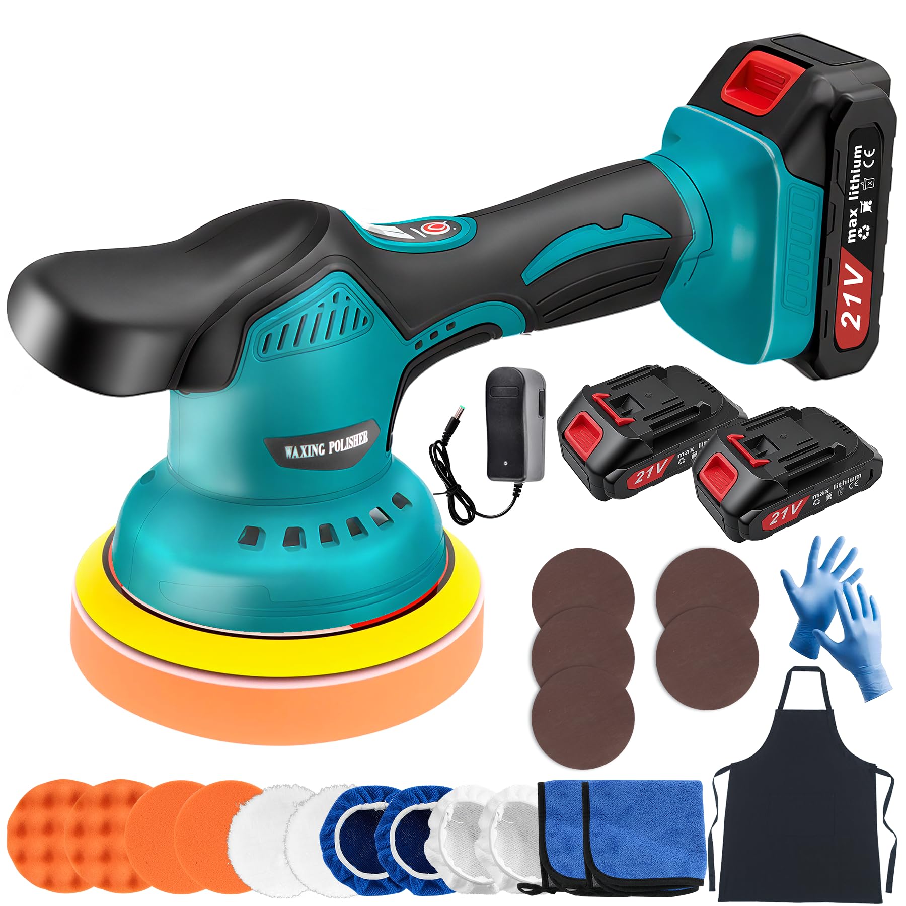 Cordless Car Buffer Polisher Kit with 2x21V Batteries, 6 Inch Car Polisher with 8 Variable Speed Max 6000RPM & 21 PCS Attachment