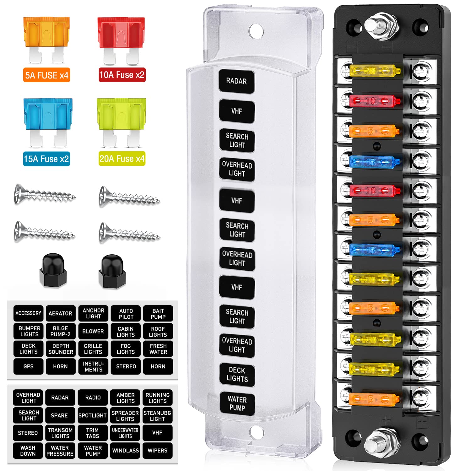 Nilight 6 Way Fuse Block with Negative Bus 12V Blade Fuse Holder ATC/ATO Standard Fuse Box Label Stickers Waterproof Cover Fuse 