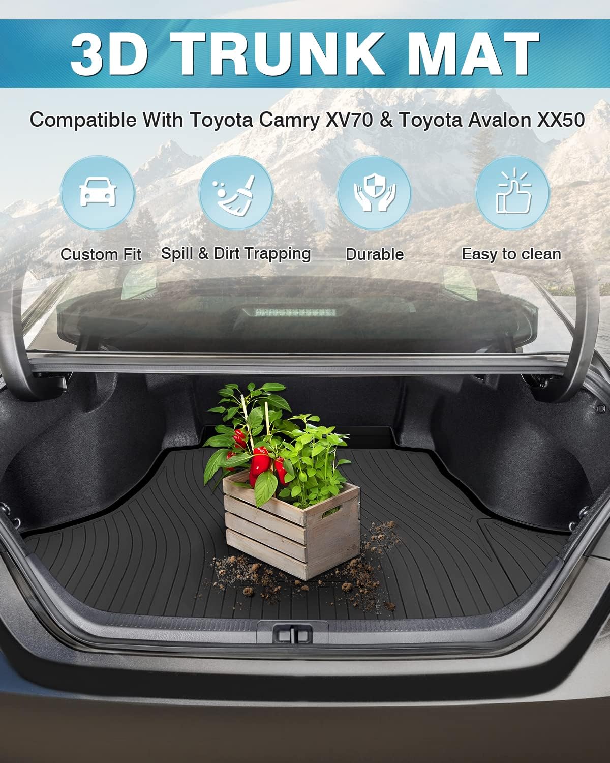 Mixsuper Custom Fit Cargo Liner for 2018-2023 2024 Toyota Camry & Avalon 2019-2022 All Weather Trunk Mat TPO Durable Odorless 3D