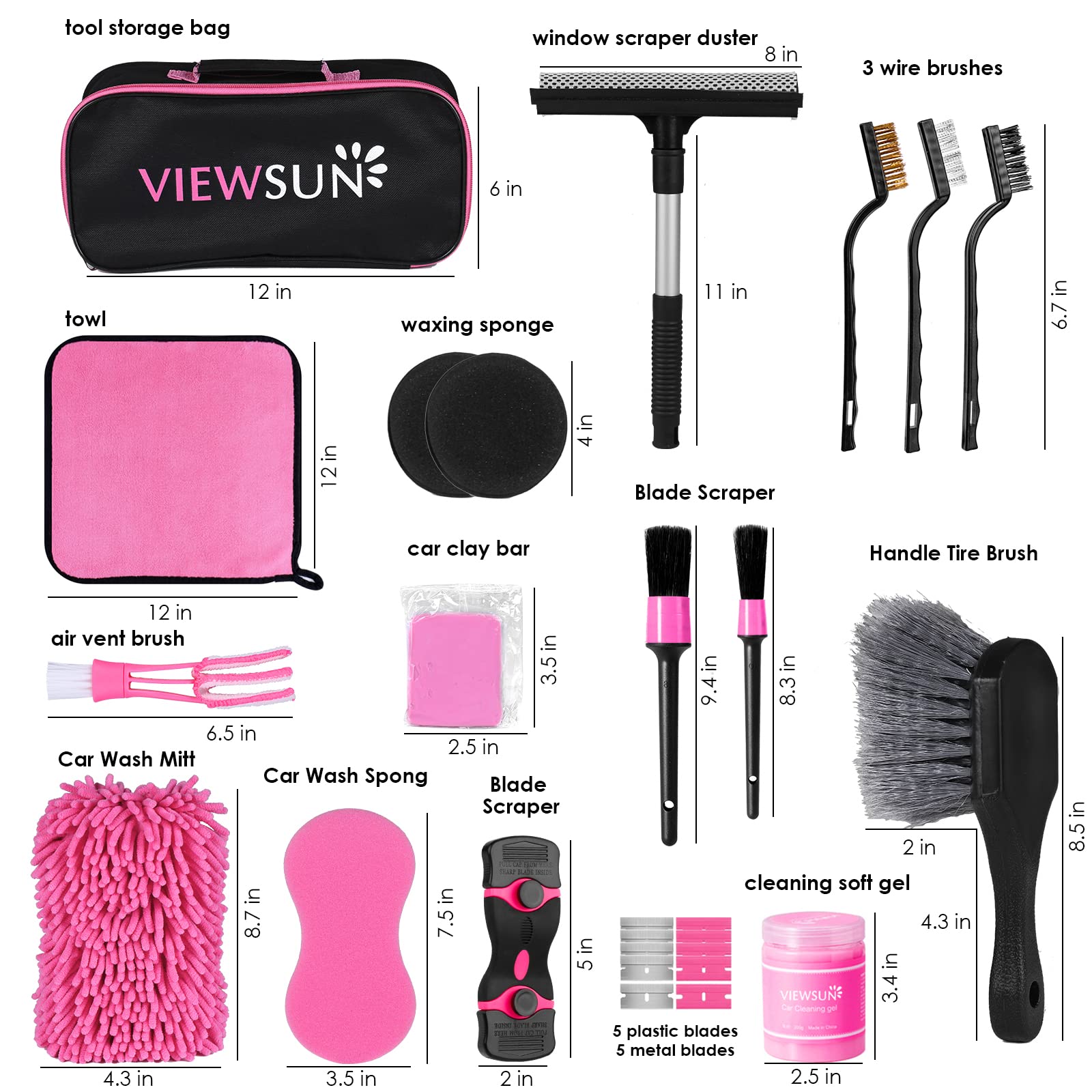 Viewsun 19Pcs Car Cleaning Kit, Pink Car Detailing Kit Interior And Exterior For Women - Cleaning Gel, Razor Blade Scraper, Tire