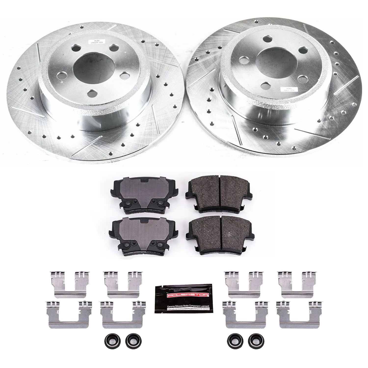 Power Stop K1719 Rear Z23 Carbon Fiber Brake Pads with Drilled & Slotted Brake Rotors Kit For Chrysler 300, Dodge Challenger, Do