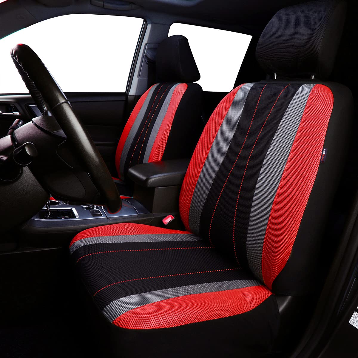 Flying Banner Car Seat Covers Full Set All Air Mesh Breathable Man Lady Airbag Compatible Rear Bench Split 40/60 50/50 60/40 Truck Pick Up (Full Set - Low Back, Black Gray Red)