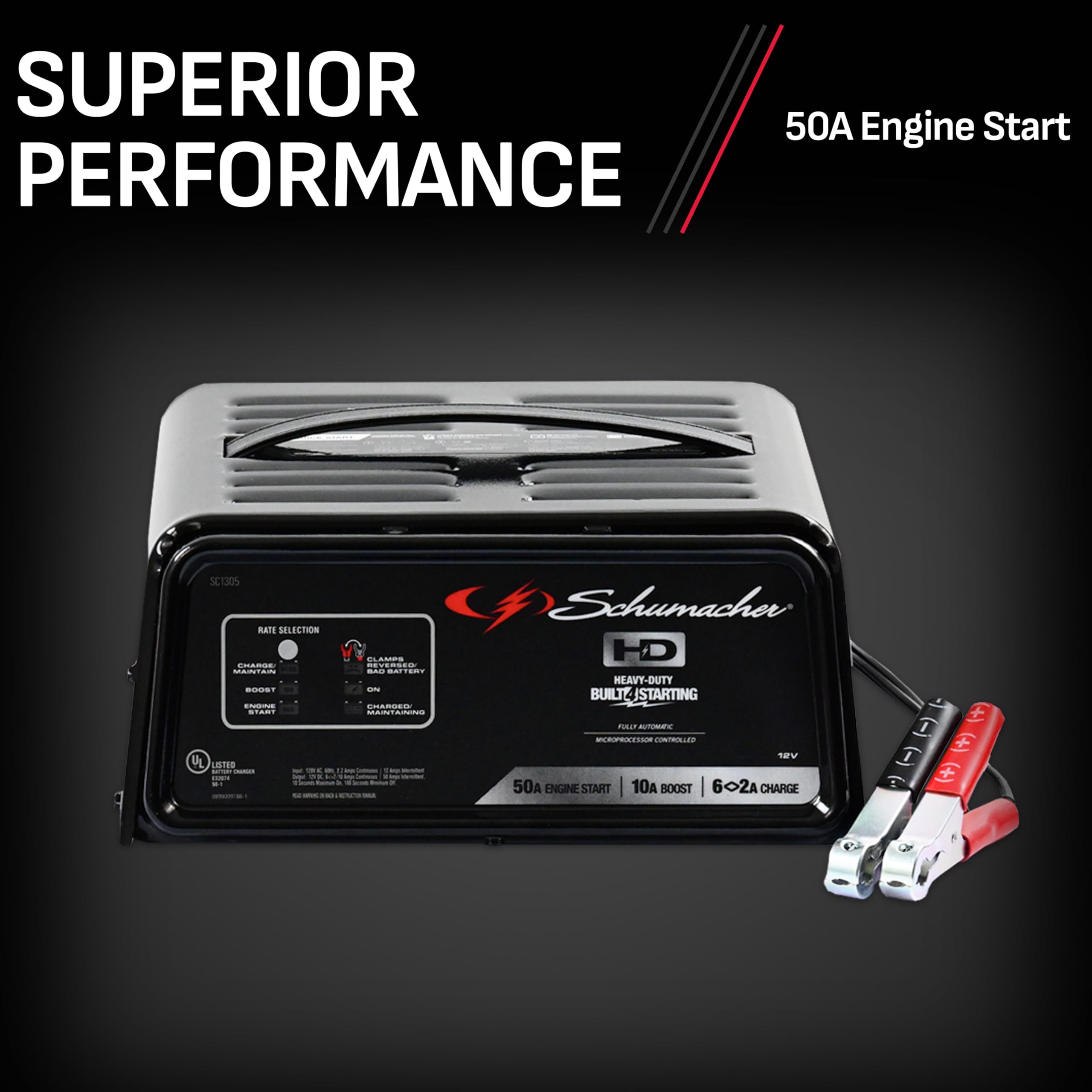 Schumacher Electric Fully Automatic Battery Charger and Engine Starter - SC1305, 4-in-1, 50 Amps, 10-Amp Boost Mode, 12 Volt for Car, SUV, Truck, and Marine Batteries