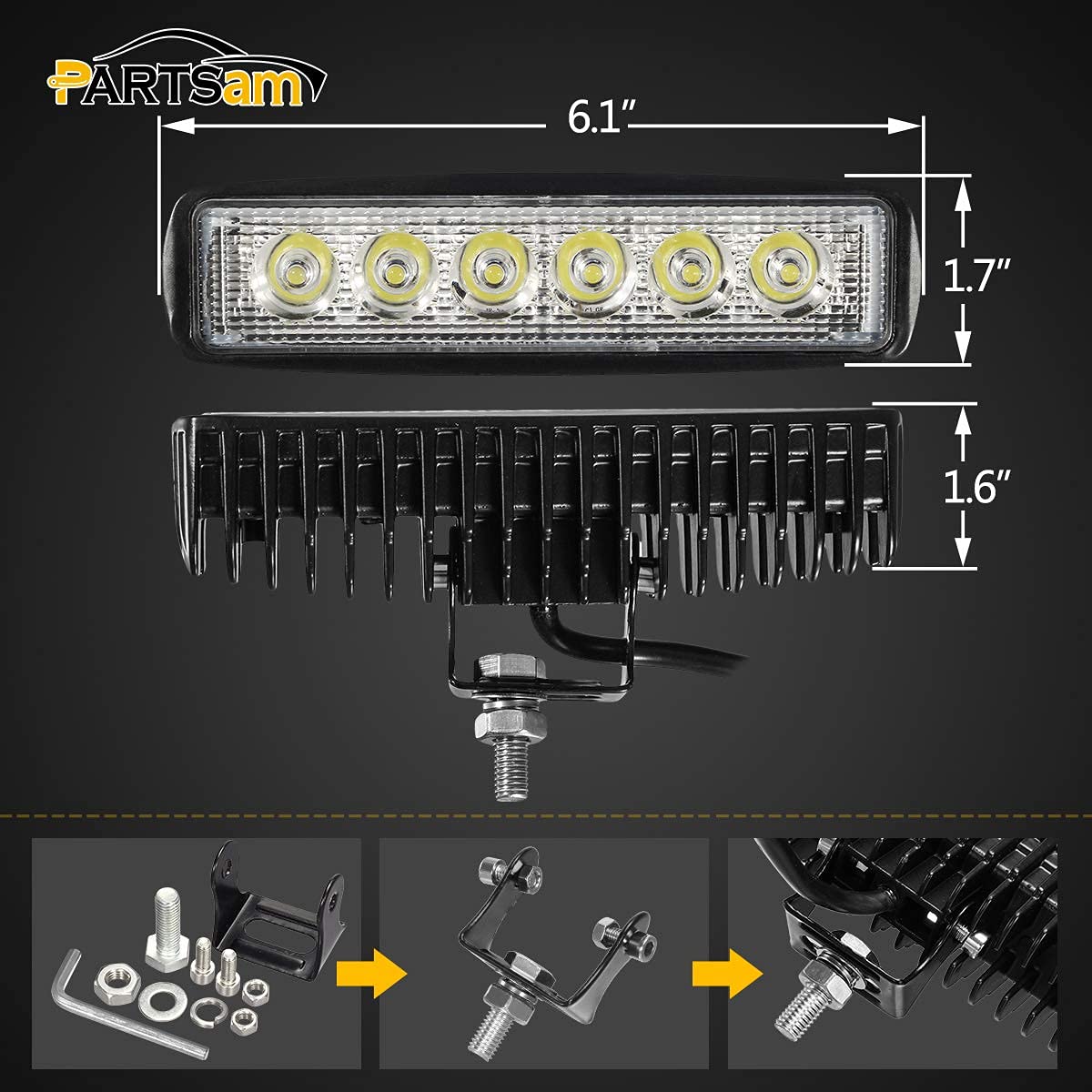 Partsam 6 '' Led Light Bar White 36W 6500K Super Bright Spot Work Pods Single Row Off Road Driving Fog Boat Light Waterproof Suv