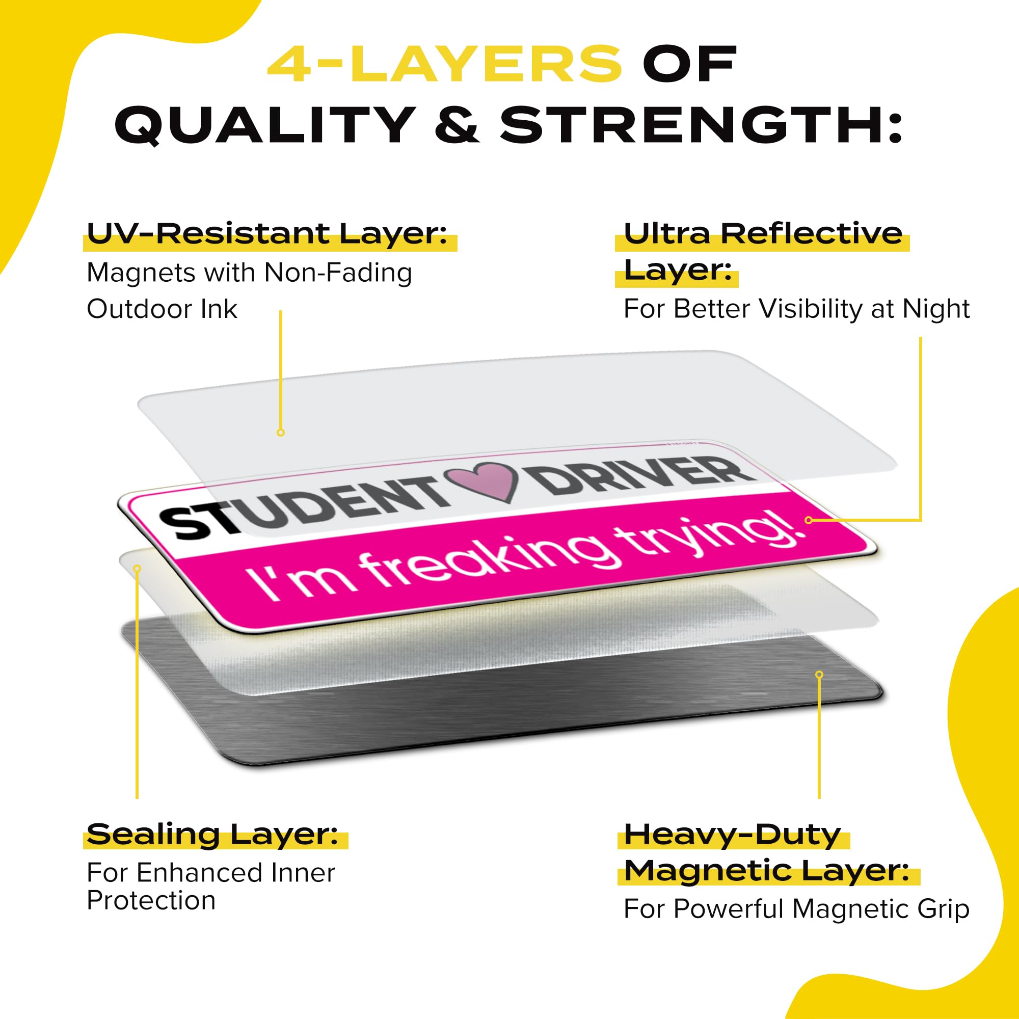 Student Driver Magnet For Car - Funny Pink 3-Pack Girly Please Be Patient Reflective Magnetic Bumper Sticker Set - Removable Nov