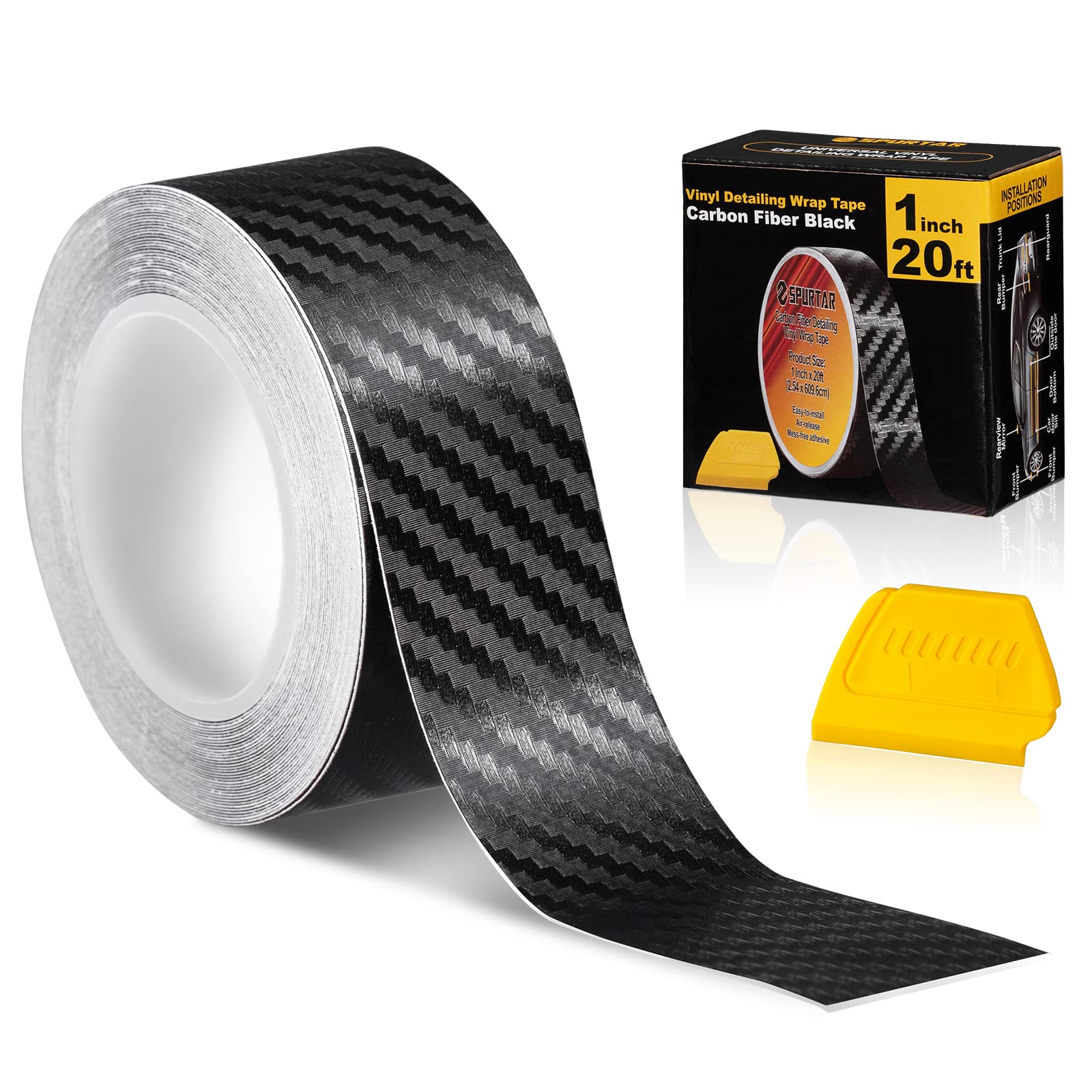 Spurtar Carbon Fiber Wrap, 1 Inch X 20 Ft Air Release Black Vinyl Wrap For Cars Chrome Delete 3D Carbon Fiber Tape Blackout Exte