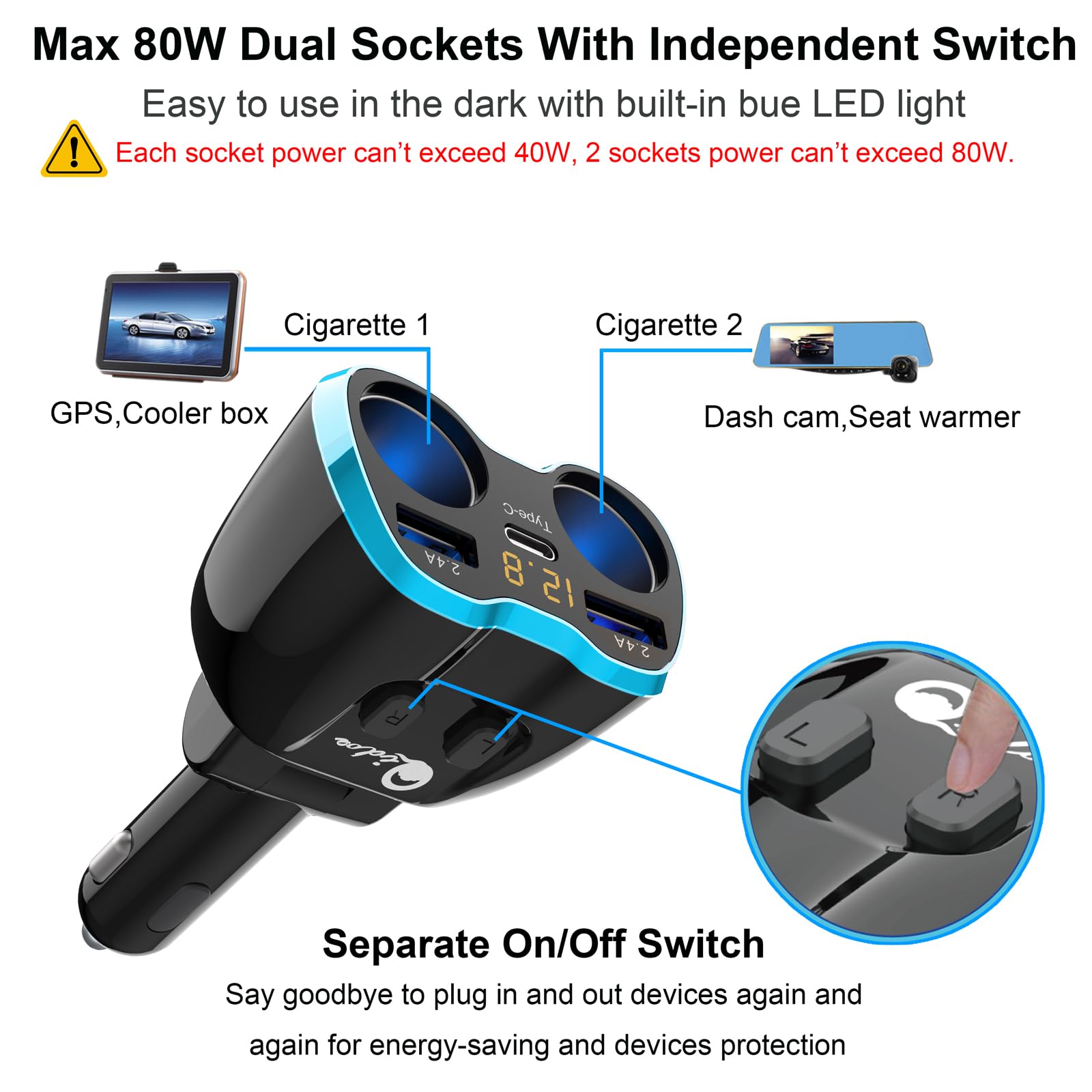 Cigarette Lighter Splitter: Usb C 12V Car Charger Adapter 2 Socket Type C Multi 12 Volt Power Outlet 24V Dc 80W With Led Voltmet
