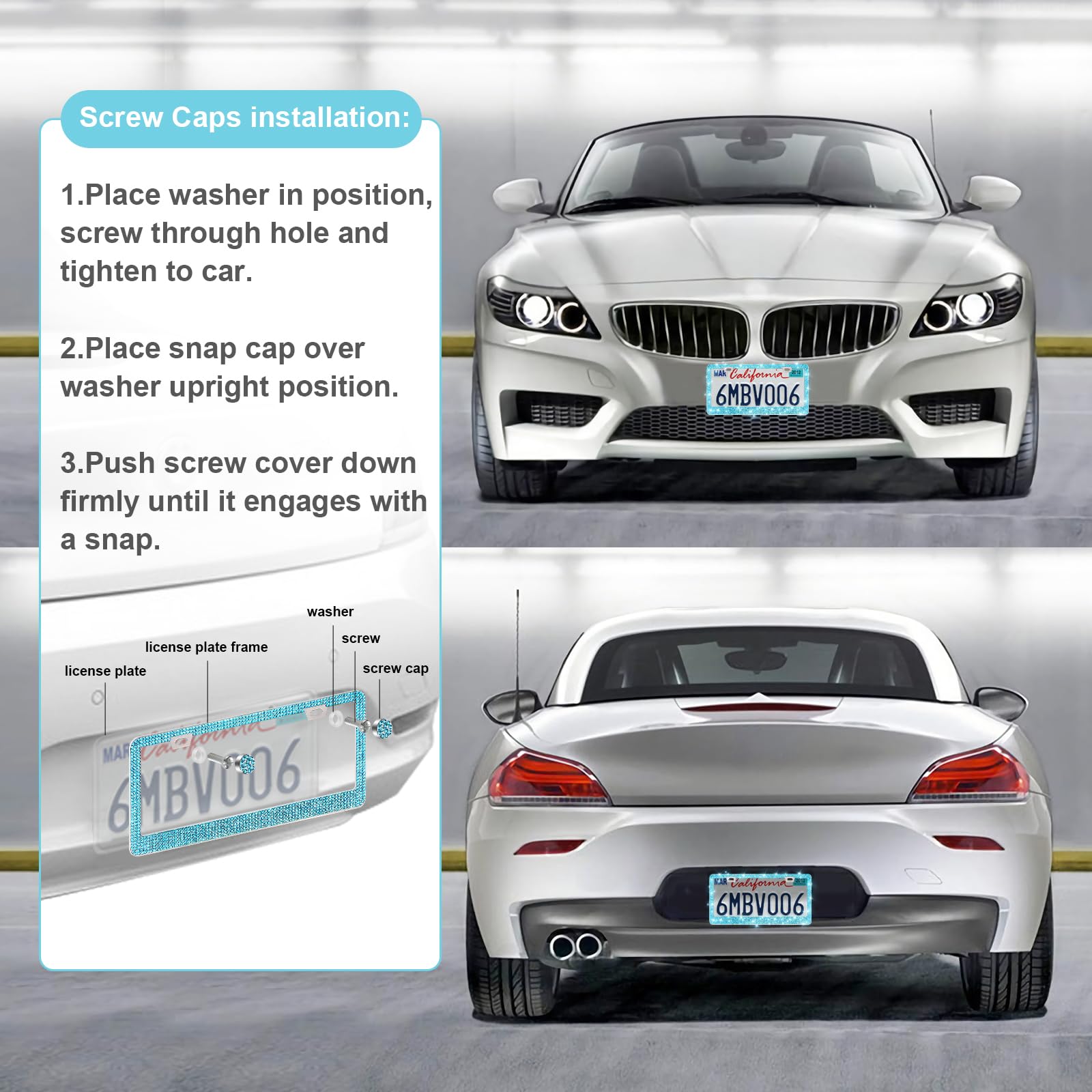 Quanqiufei 2 Pack Bling License Plate Frames For Women, Sparkly Rhinestone Diamond Car Accessories With Glitter Crystal Caps (La