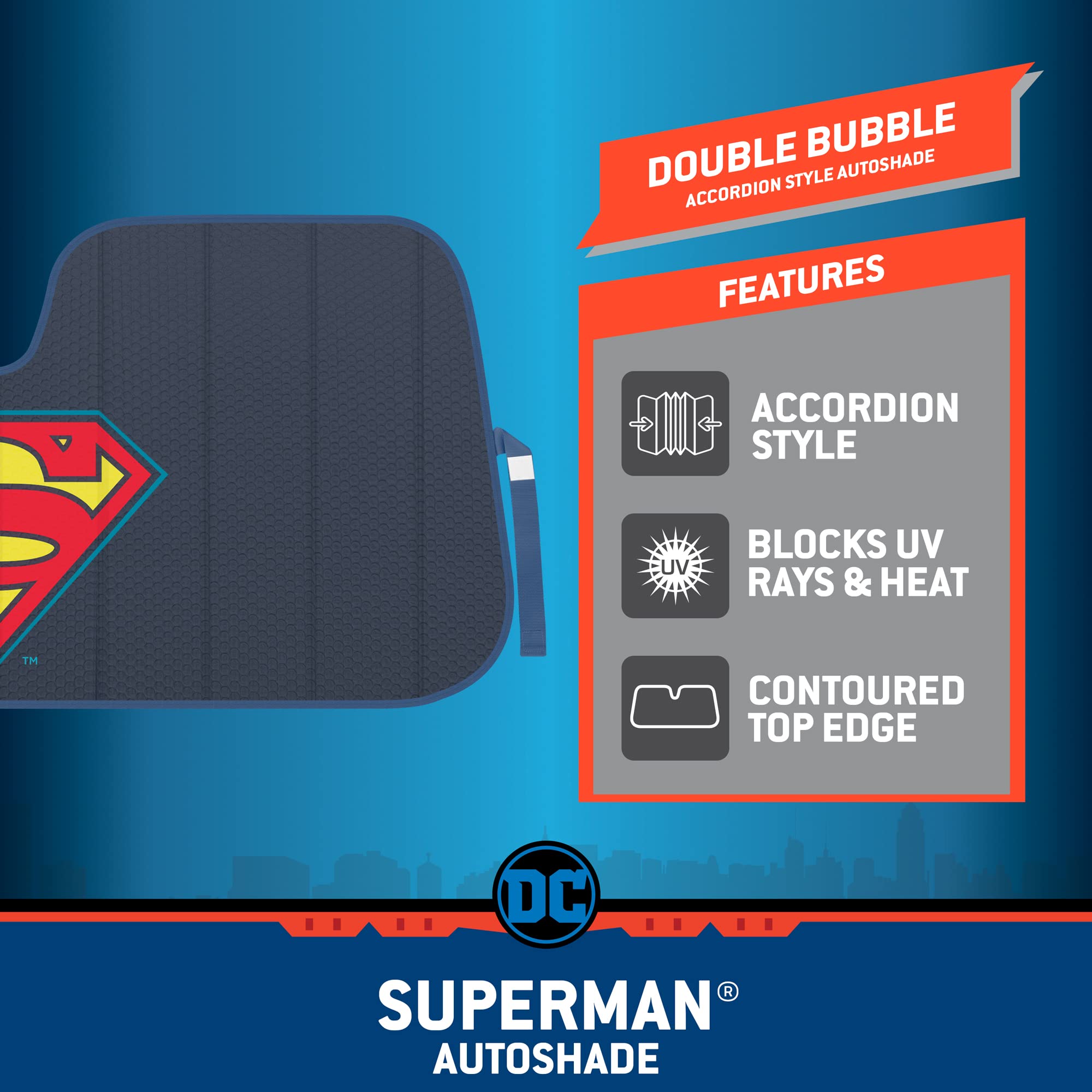 BDK Warner Bros DC Comics New Superman 2022 Car Accessories, Accordion Folding Windshield Sun Shade, UV Block Double Bubble Car Window Shades, 58 x 27 in, Keeps Vehicle Cool, Protects from Sun Damage