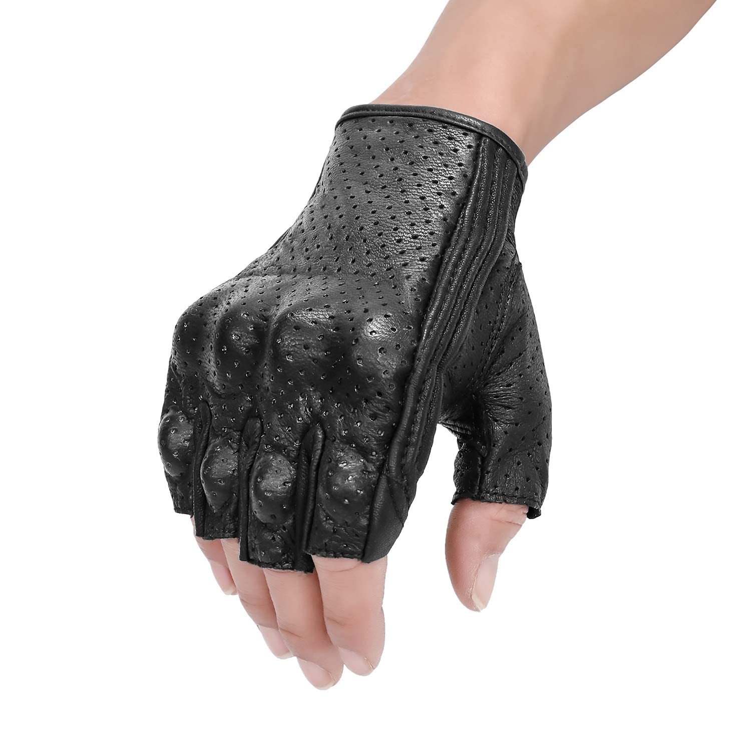 Superbike Half Finger Motorcycle Gloves, Black Goatskin Leather, Medium, Knuckle Armored, Perforated Motocross Gear (G11-Black)