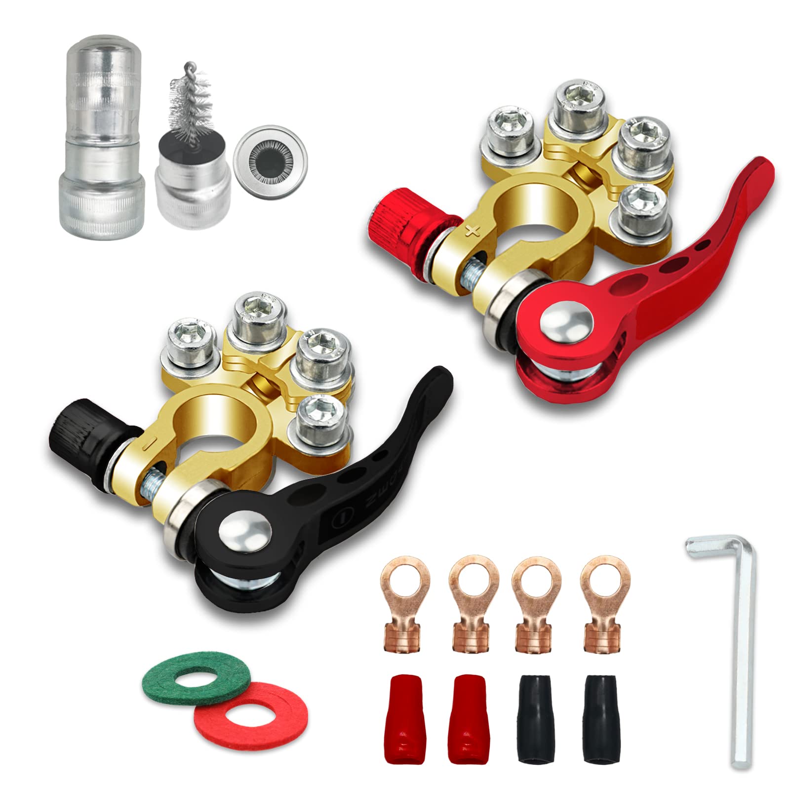 Zonbang Battery Terminal Connectors, 2Pcs 4 Way Quick Release Disconnect Battery Terminals, Battery Cable Ends With 4Pcs Wire Connectors For Sae/Jis Type A Posts