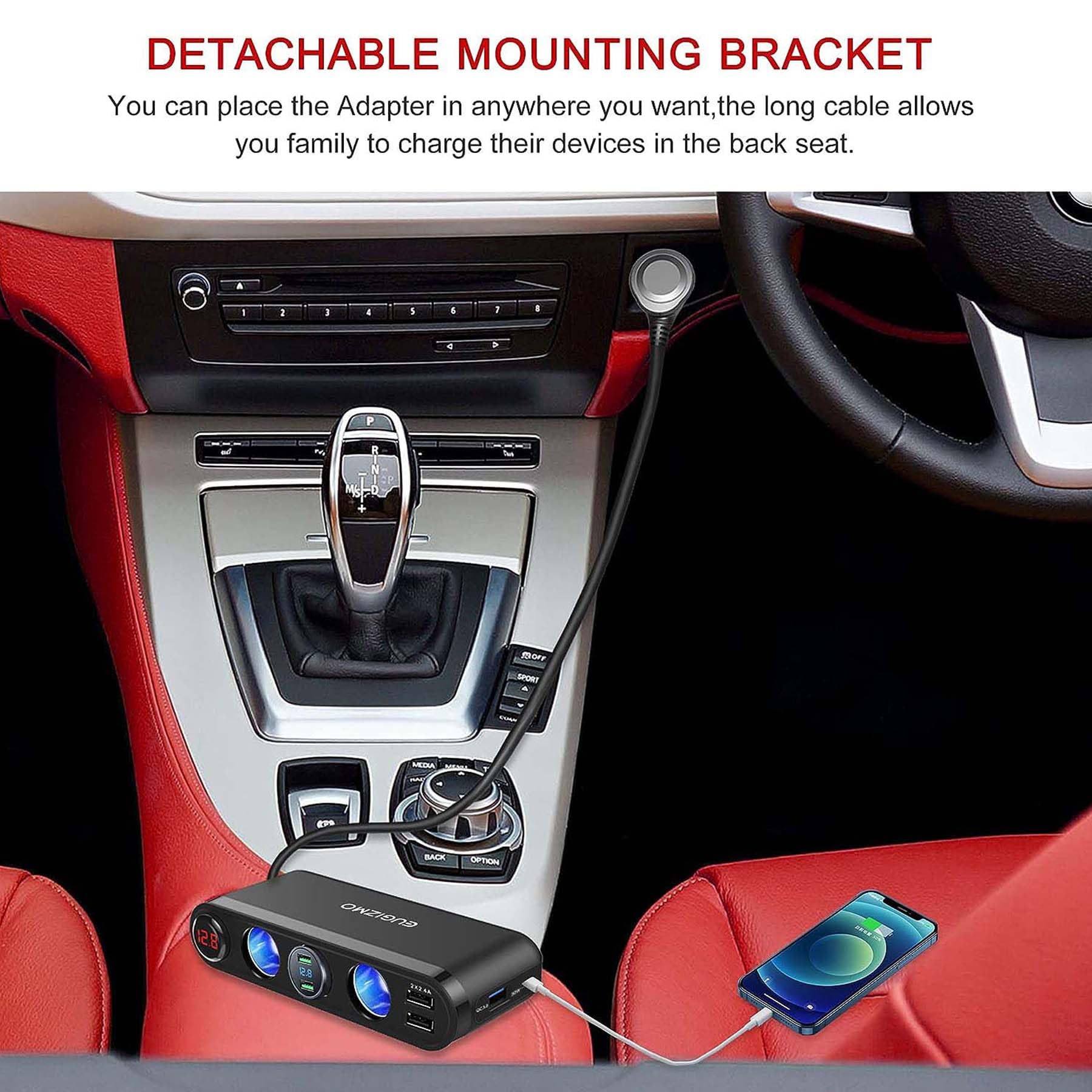 Eugizmo Usb Cigarette Lighter Adapter, 200W Car Cigarette Lighter Plug Splitter Adapter Usb Charger Extension Cord 3 Socket Way