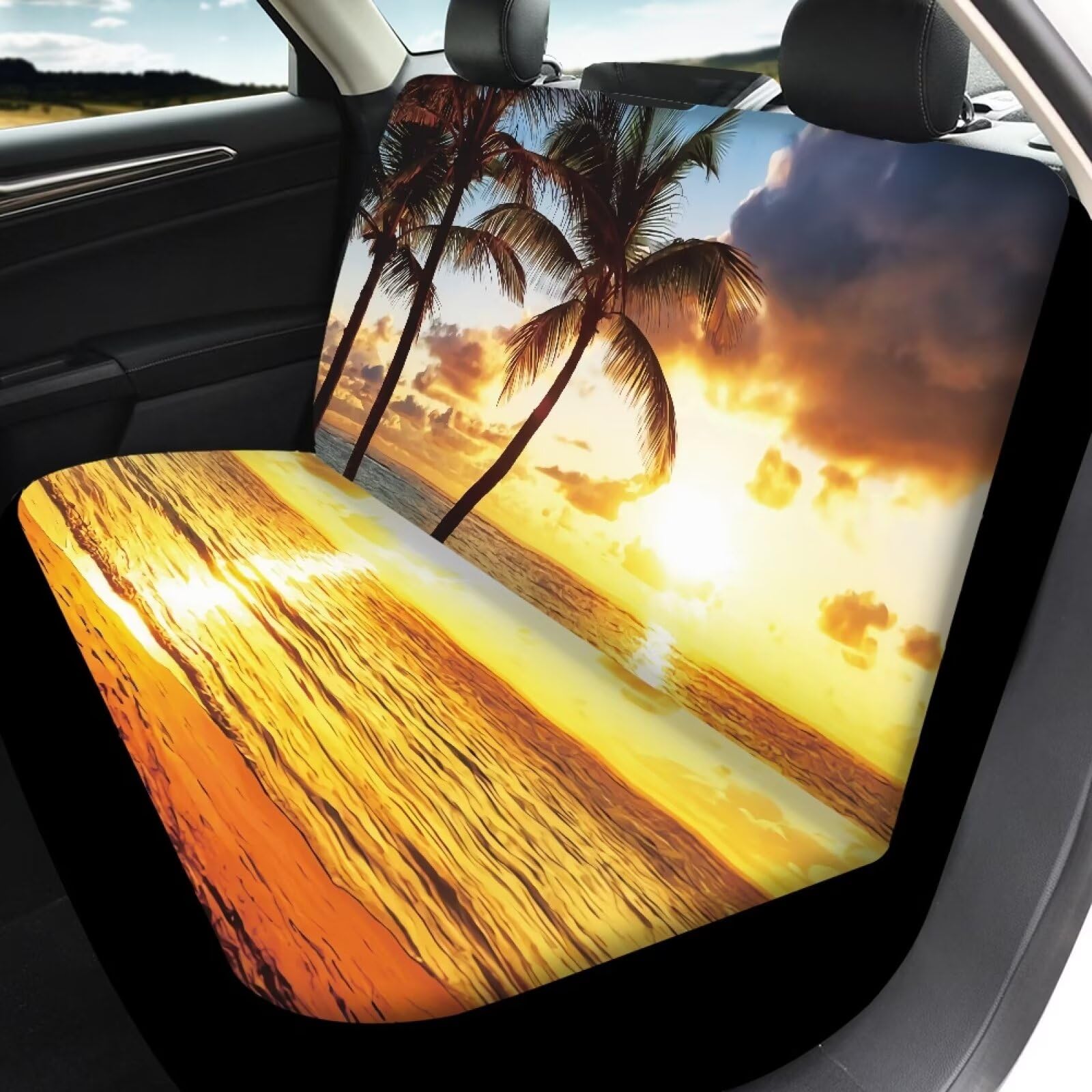 Wanyint Hawaiian Palm Tree Gold Blue Car Seat Covers Universal Fit Car Front Seat Protector + Back Bench Cover Full Set of 4, Ea