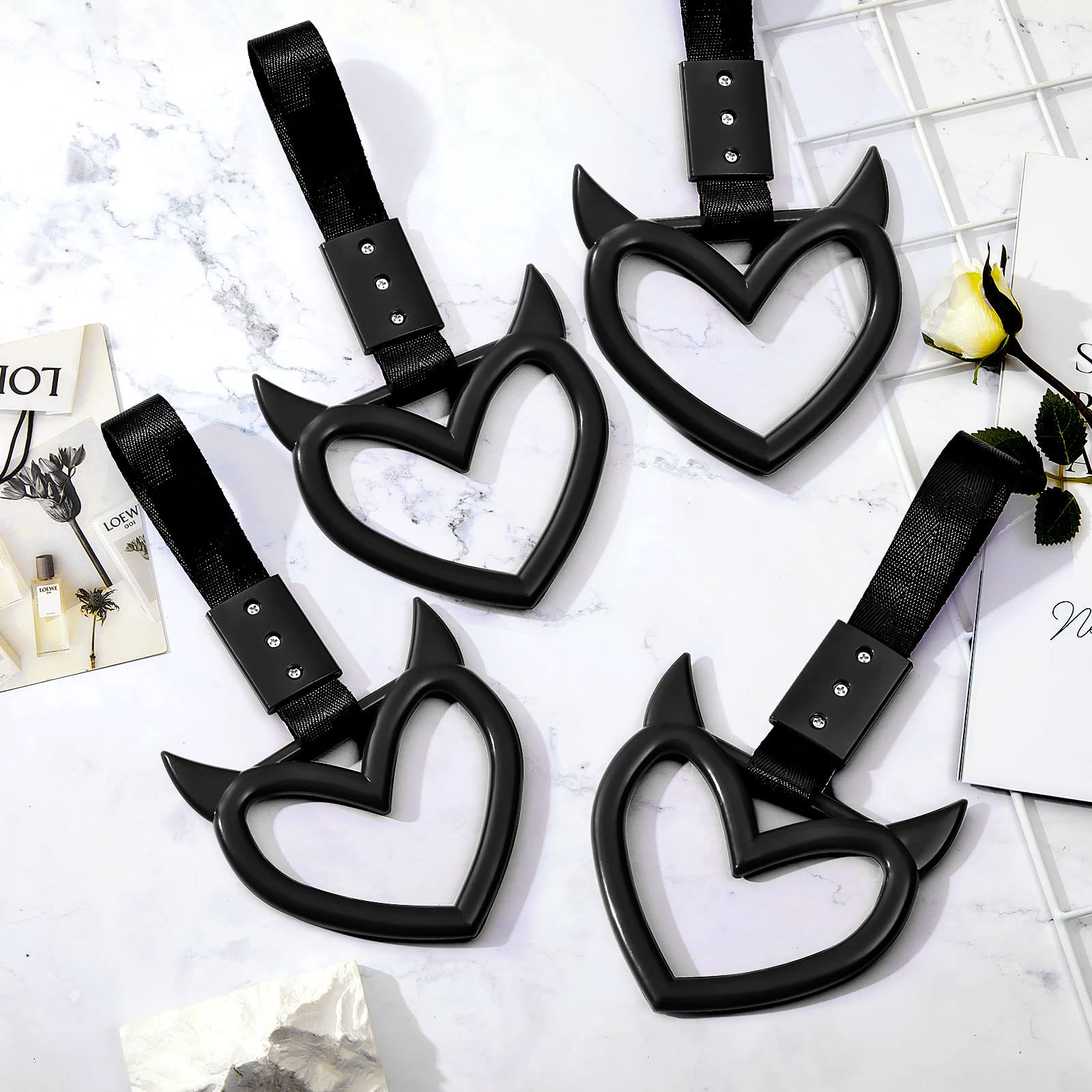 Fabbay 2 Pieces Heart Handle Keychains Car Accessory Heart Hand Strap Drift Charm For Car Interior Exterior Decoration(Black,Dev